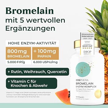 Bromelain High Dose 5000 FIP - 6-in-1 Pineapple Enzyme Complex with Papain Quercetin Frankincense Rutin & Vitamin C - 120 Gastric Juice-Resistant Capsules (2 Months) - Vegan & Made in Germany by COSPHERA