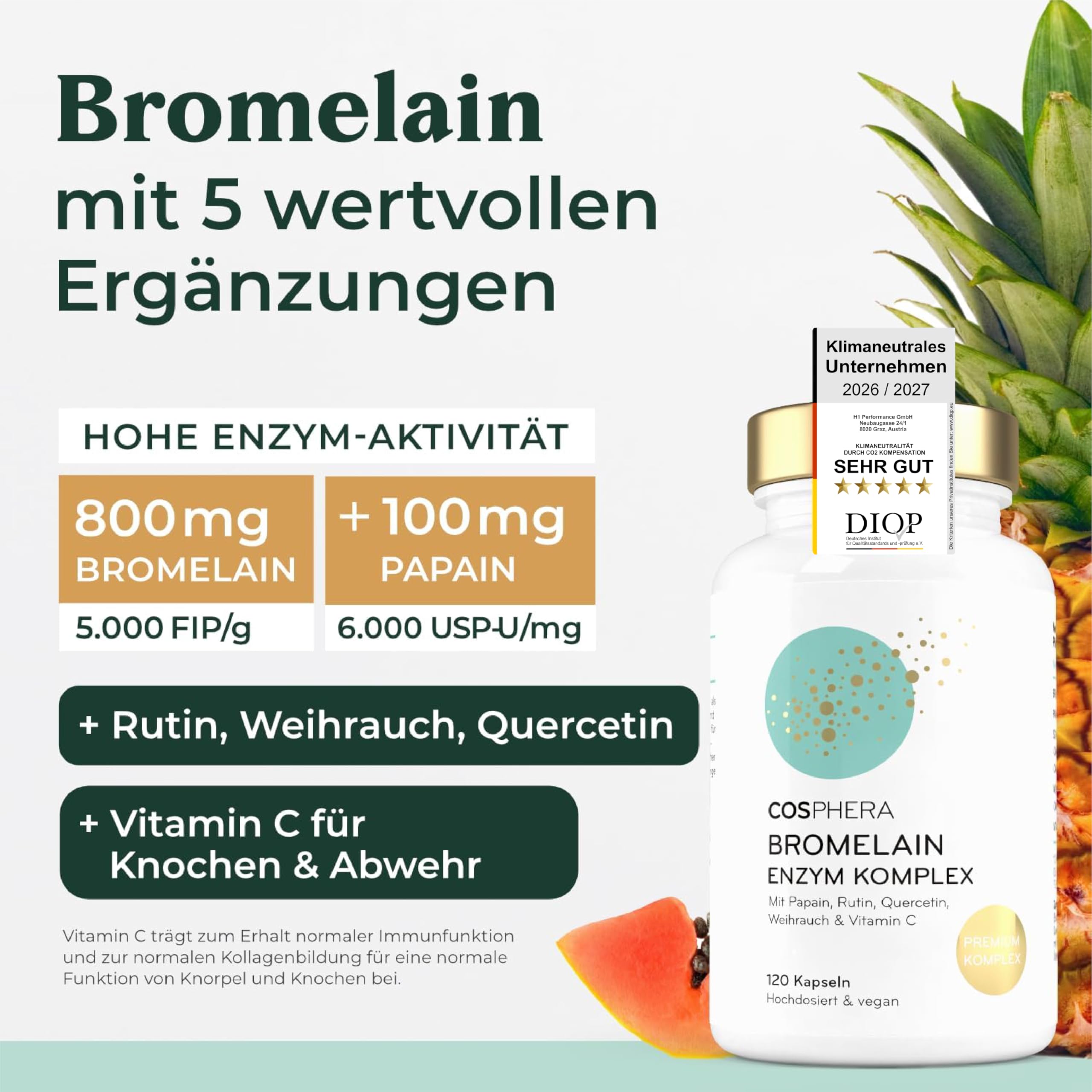 Bromelain hochdosiert 5000 FIP - 6-in-1 Ananas Enzym Komplex mit Papain, Quercetin, Weihrauch, Rutin & Vitamin C - 120 Magensaftresistente Kapseln (2 Monate) - Vegan & Made in Germany von COSPHERA®