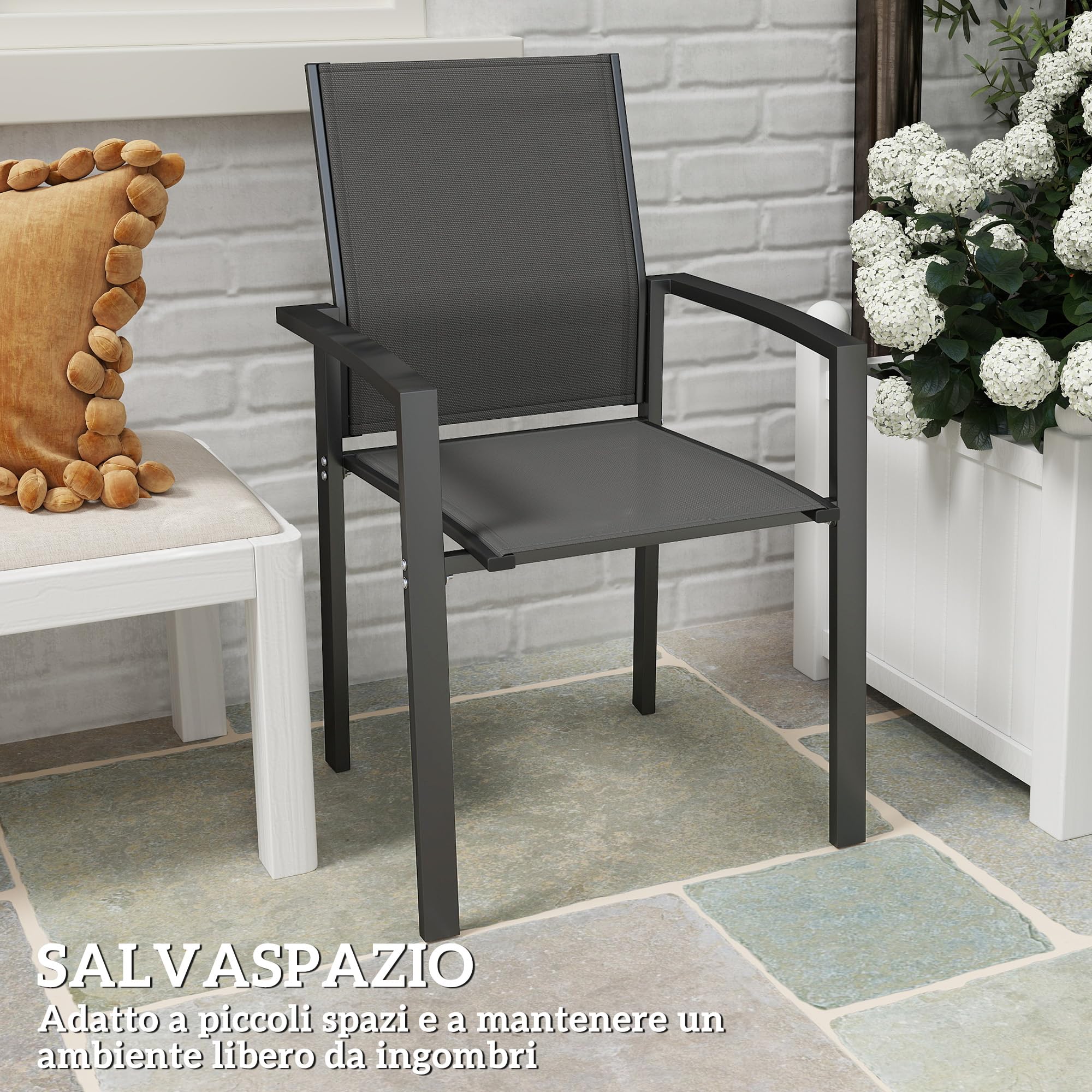 Outsunny Set 2 Sedie da Giardino Impilabili con Braccioli, Sedie per Pranzo da Esterno in Alluminio e Texteline Impermeabile, da Patio, Balcone, Terrazza, Esterno e Interno, 56x58x89cm, Grigio Carbone