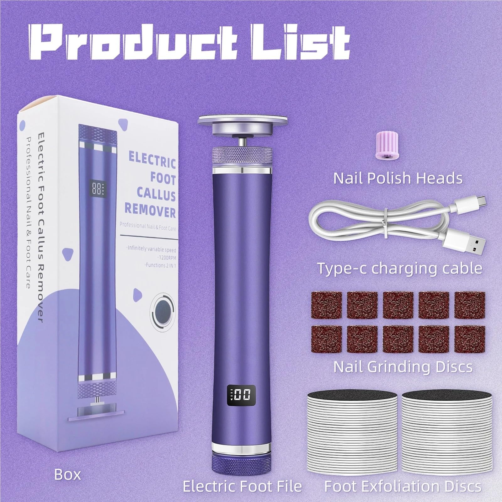 Lima De Pie Lima eléctrica for pies: removedor de callos, velocidad ajustable y 60 discos de lija, herramienta profesional for pedicura.(Purple)