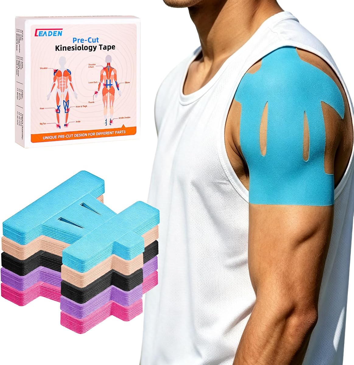 Precut Kinesiology Tape for Shoulder, 10 Pcs, Blue | Shoulder Support, Shoulder Stability, Shoulder Pain Relief, Waterproof, Elastic, Breathable, Hypoallergenic, Latex-Free