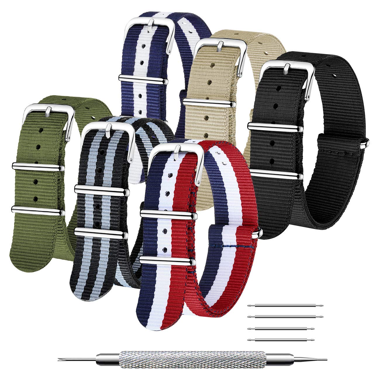 CIVONATO Strap 6 Packs 16mm 18mm 20mm 22mm 24mm Ballistic Nylon Watch Bands Zulu Straps Stainless Steel Buckle with Spring Bar and Link Pin Tool