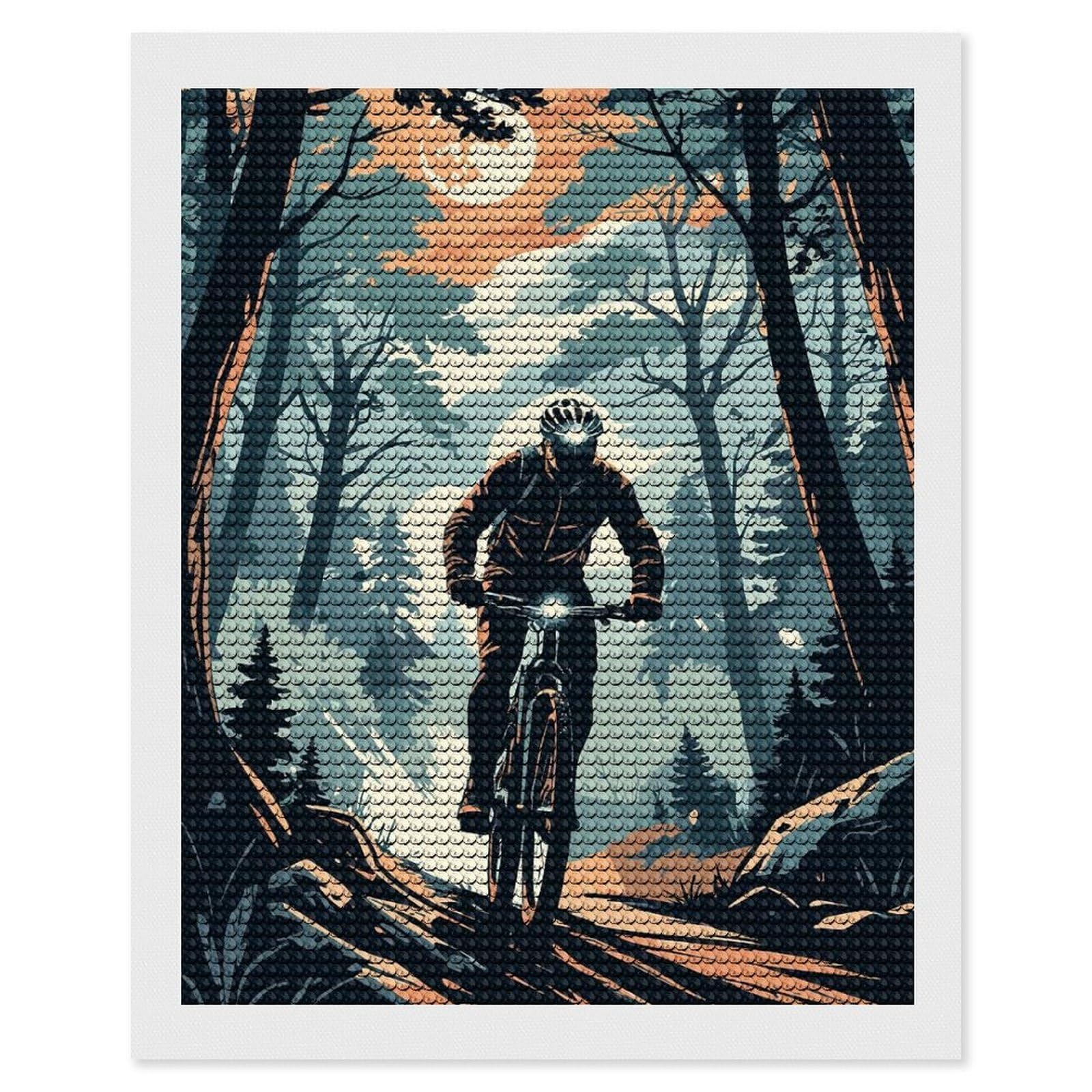 Junmoney Mountain Biker in Forest Illustration Diamond Painting Canvas Set 16"x20", Full Kit Included, Calming Craft to Unwind, Farmhouse Decor, Christmas Gift
