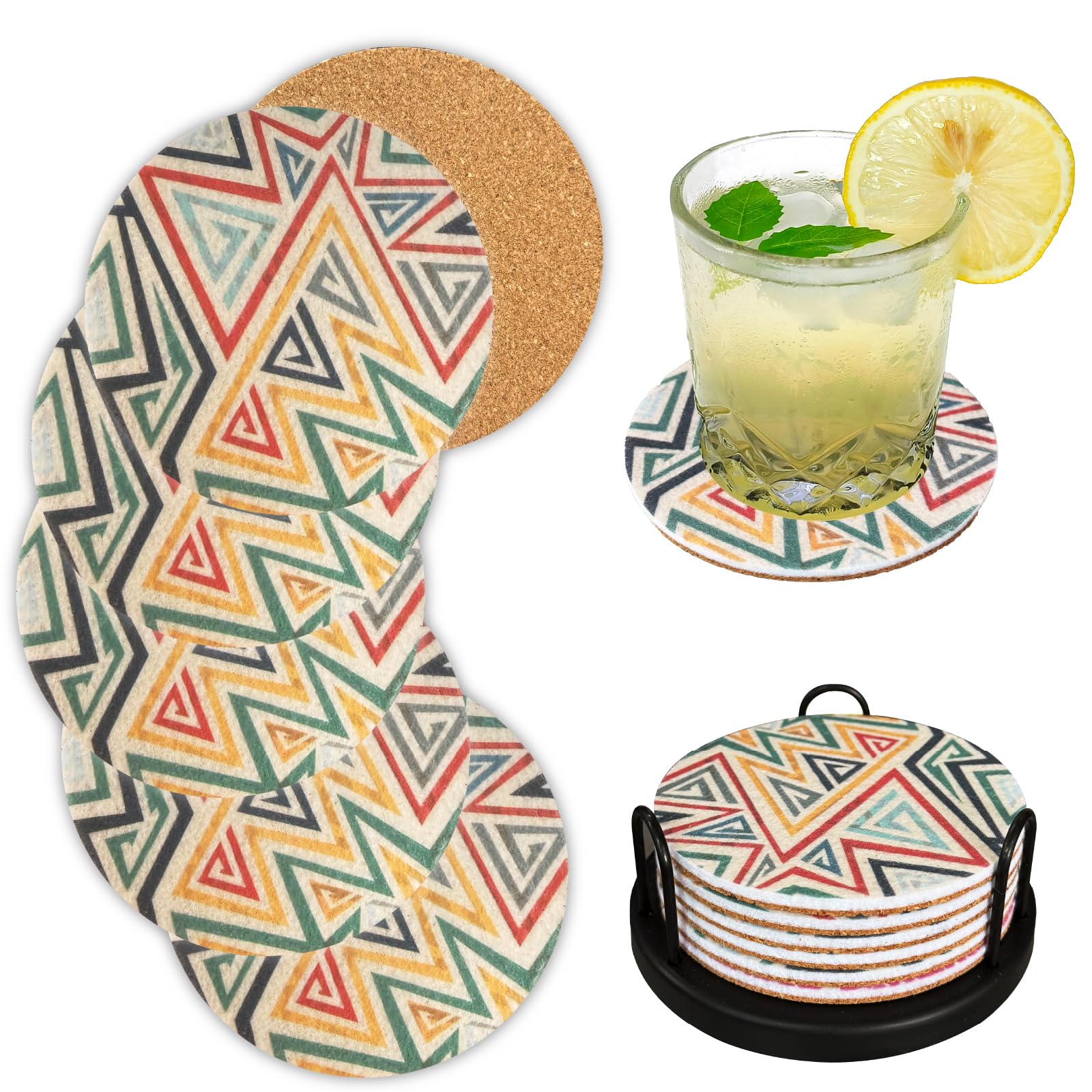 Liberatech Tribal Geometric Pattern 6Pc Tribal Geometric Pattern Felt Coasters Set Of 6, Round Absorbent Drink Coasters, Non-Slip Cork Backing, Removable Holder