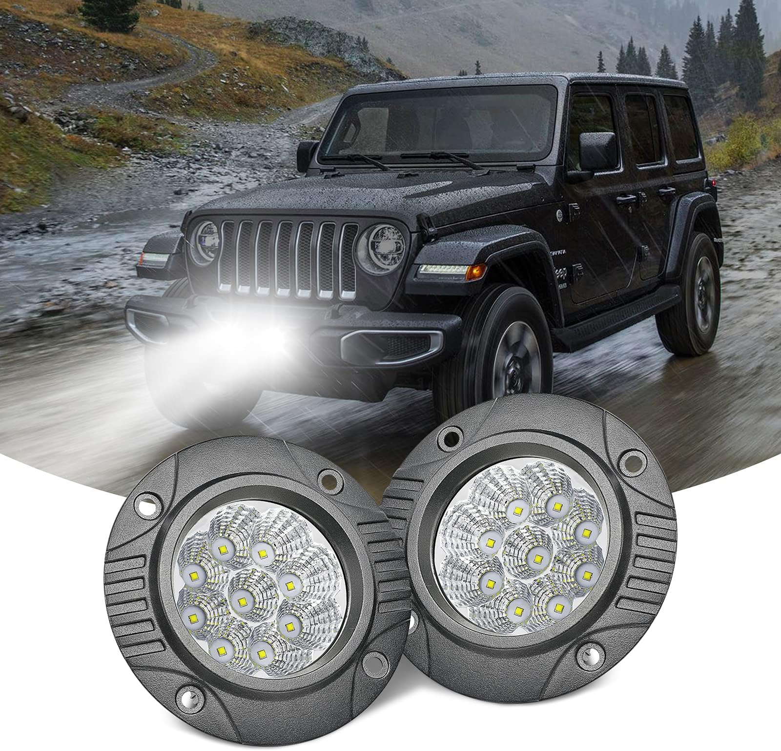 Flush Mount LED Pods, Teochew-LED 2PCS 54W 5 Inch LED Driving Light Flush LED Light Bar Flood Off Road Lights Round LED Work Light Fog Light for Truck Offroad 4x4 Boat Grille Bumper