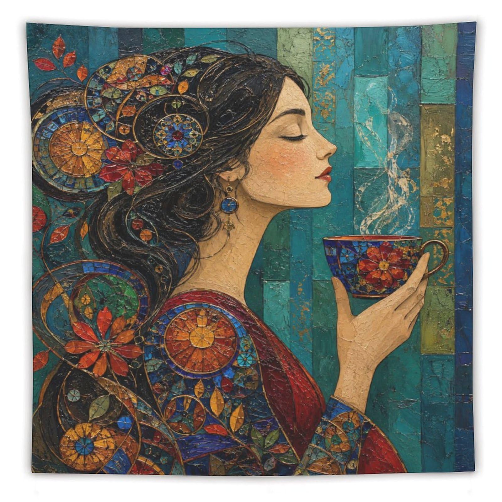 H3B8U2Y5 Woman with Teacup Wall Tapestry, Mosaic Style, Mosaic Hair