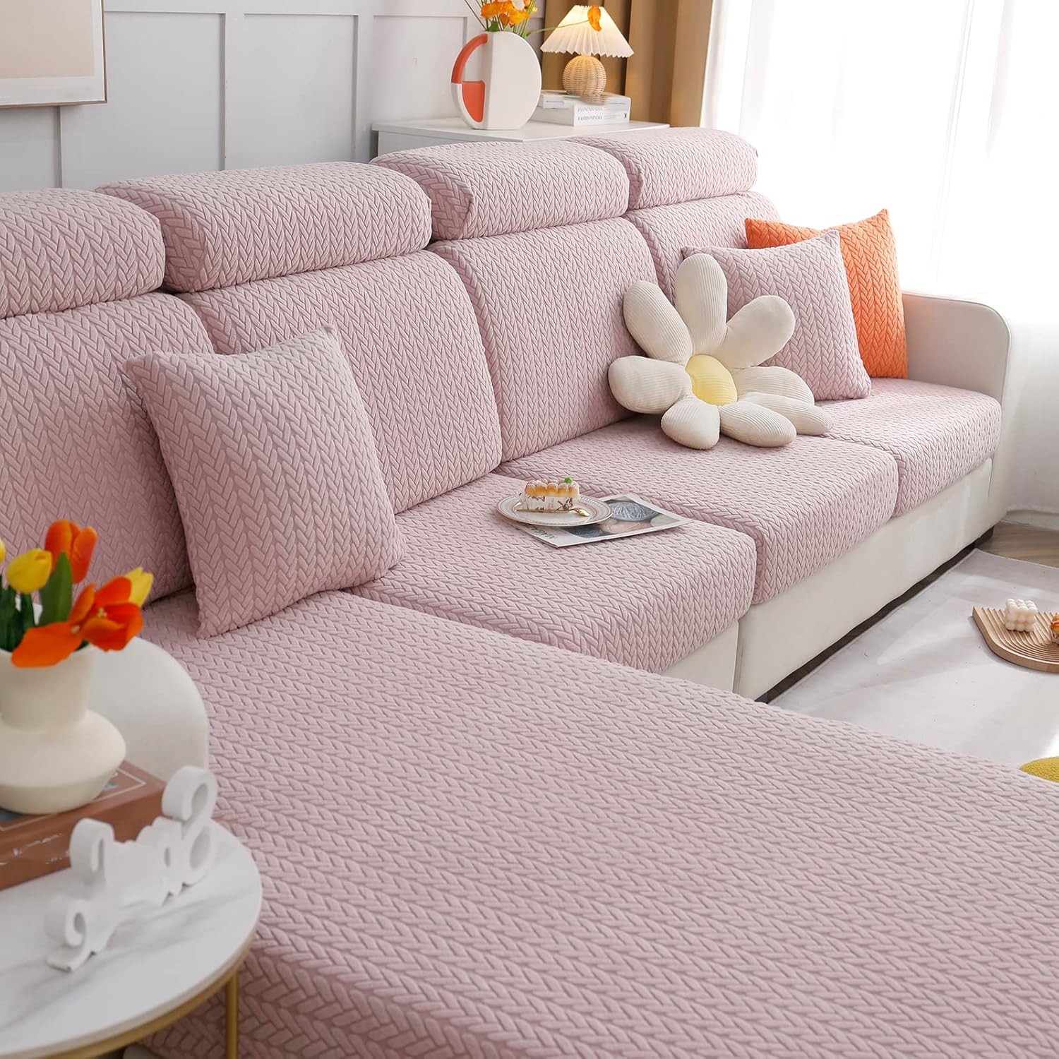 Universal Sofa Cover Replacement, Stretch Wear-Resistant Loveseat Couch Cushion Slipcovers, Anti-Slip Chaise Lounge Slip Cover, Couch Covers for Sectional Sofa L Shape(Pink,Large Double Seat Cover)