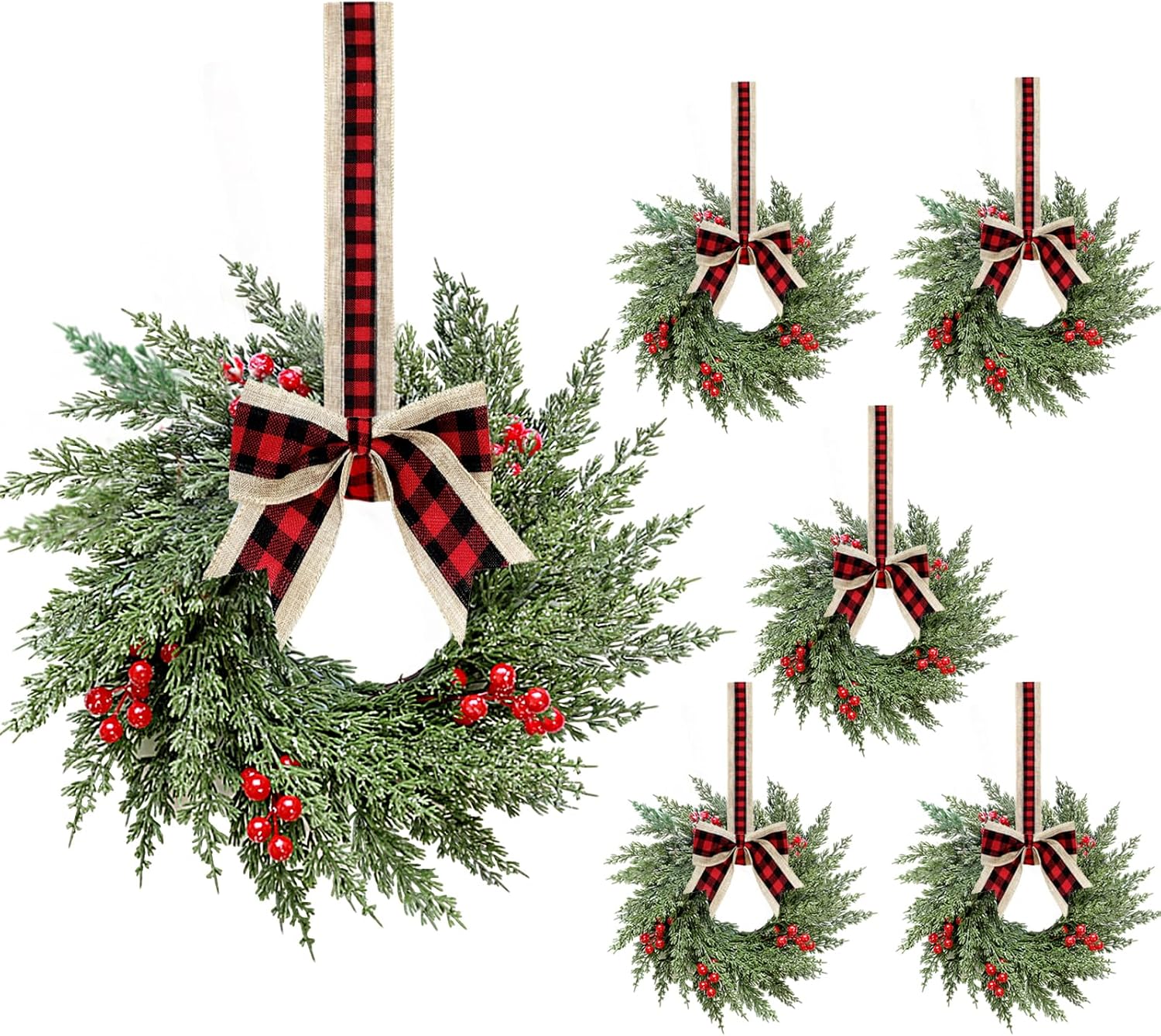 6 Pcs Small Christmas Wreath, Norfolk Pine Wreaths, 14in Mini Wreaths for Cabinets Christmas Candle Rings with Ribbon for Kitchen Window Decor, Mini Decorative Hanging Wreath for Xmas Decor