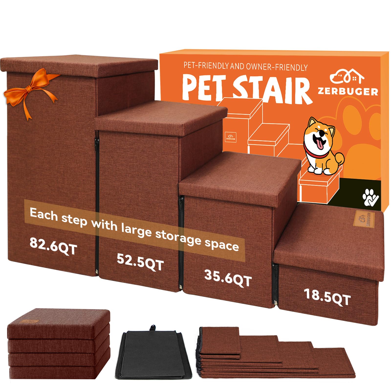 Zerbuger Dog Stairs with Storage, Brown 4 Steps Dog Ramp no Condo for Bed