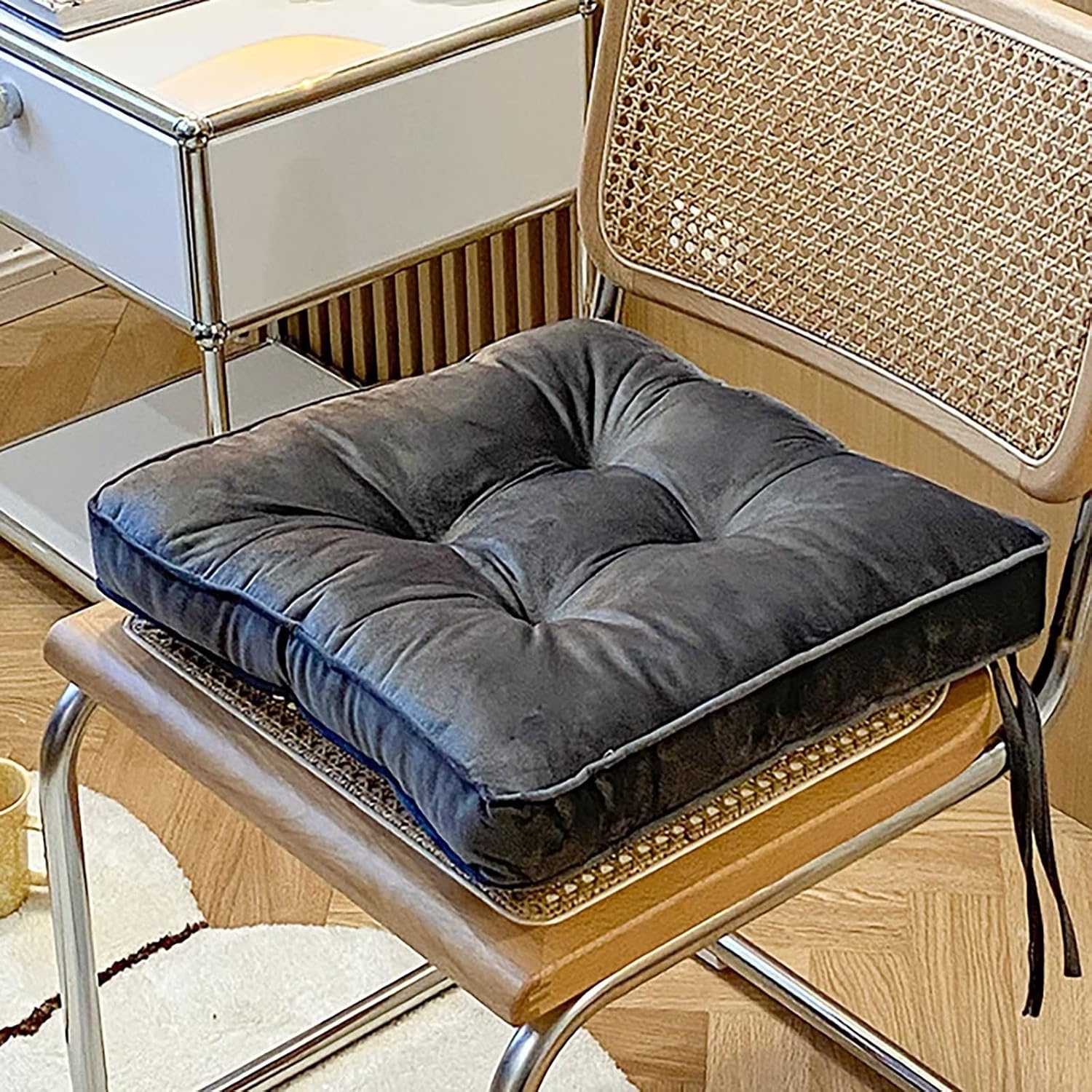 Chair Cushions 3 to 4 Inches Thick for Dining Room Chairs 2 Pack, Kitchen Chair Pads Non Slip, 16x16 Square Seat Cushions with Attach Ties, Washable Velvet Soft and No Fading Beige