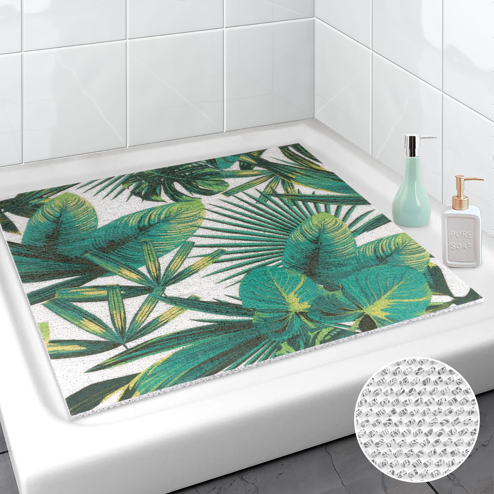 Tappetino da doccia antiscivolo, 75 x 75 cm, in PVC, morbido e confortevole, antiscivolo, ad asciugatura rapida, antiscivolo, per piatti doccia (verde B, 75 x 75 cm)