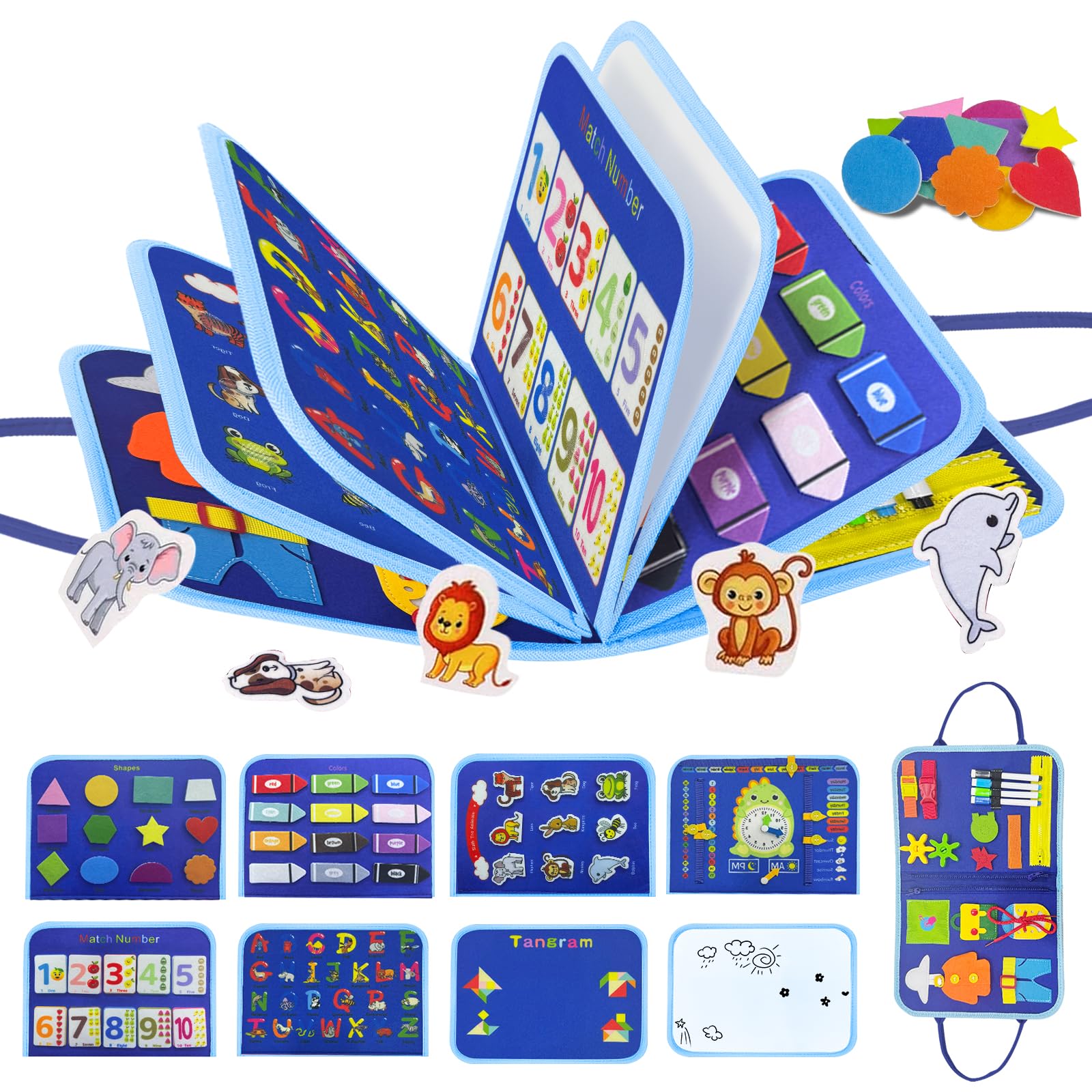 Juguetes Montessori de 3 Años – Juguete Educativo de Fieltro con Letras, Números, Colores, Formas y Reloj – Busy Board y Libro Montessoripara Viaje Coche Avión – Azul