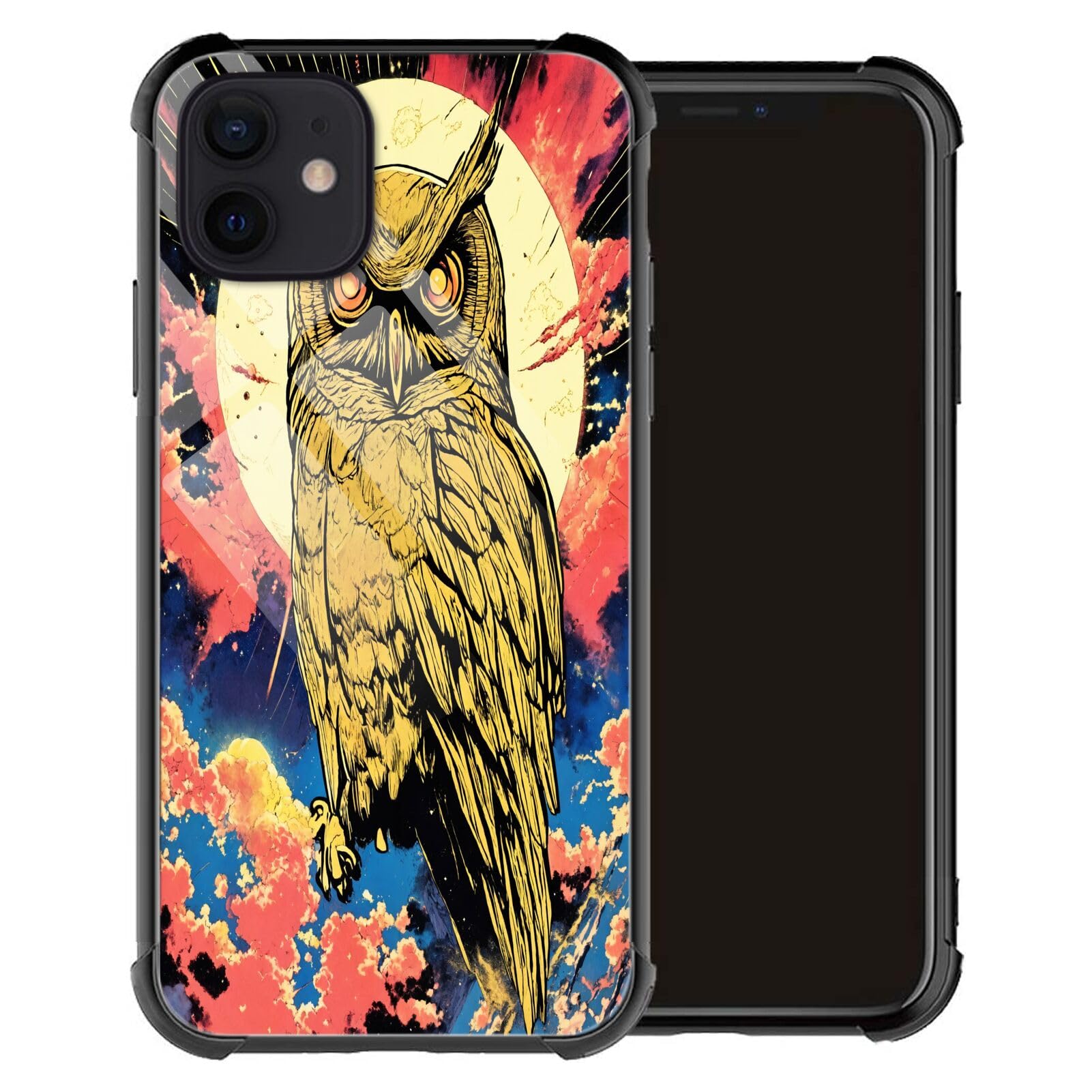 Black Case for iPhone 15 14 12 13 11 7 8 6s 6 Pro Max Plus mini XR X XS Max SE with Owl-buu-21 Silicone TPU with Four Corner Protection