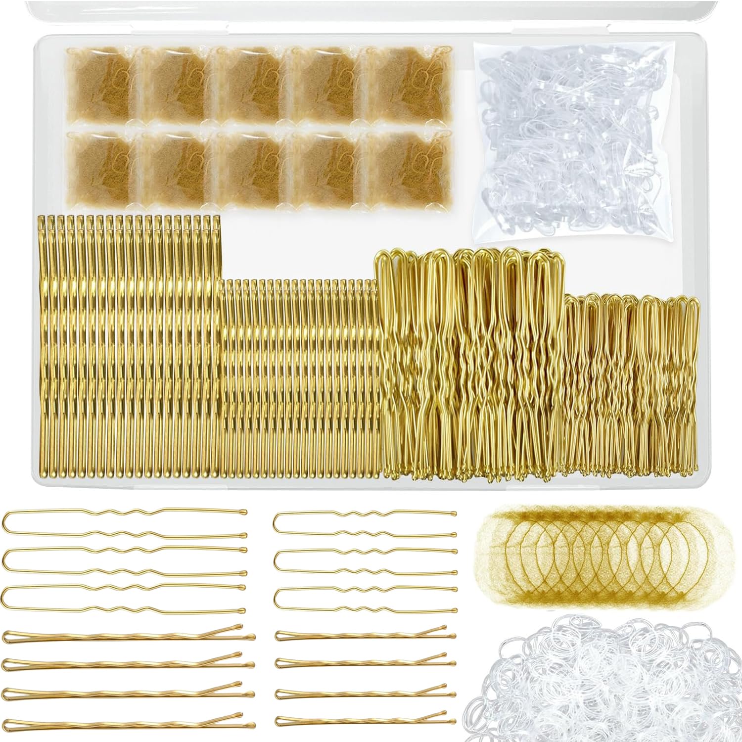 510 Stück Haarnadeln Bobby Pins set, Metal Haarklammern Damen Haarschmuck, U-Haarklammern 2inch 2.36inch, Hair Pins 2inch 2.75inch, Haarnetz Haargummis Haarspangen mit Aufbewahrungsbox (510PCS/Gold)