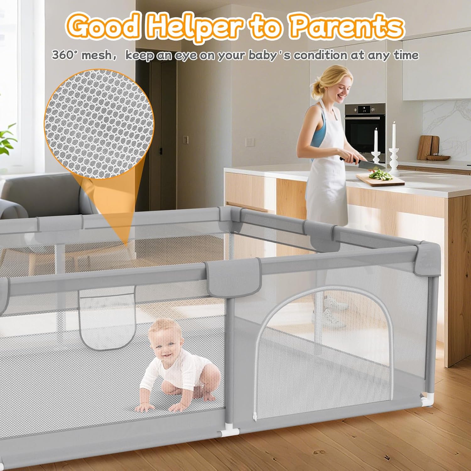 Baby Playpen 79"x71" - Extra Large Playpen for Babies and Toddlers with 2 Handle - Baby Fence Play Area Safety Center for Indoor & Outdoor, Grey