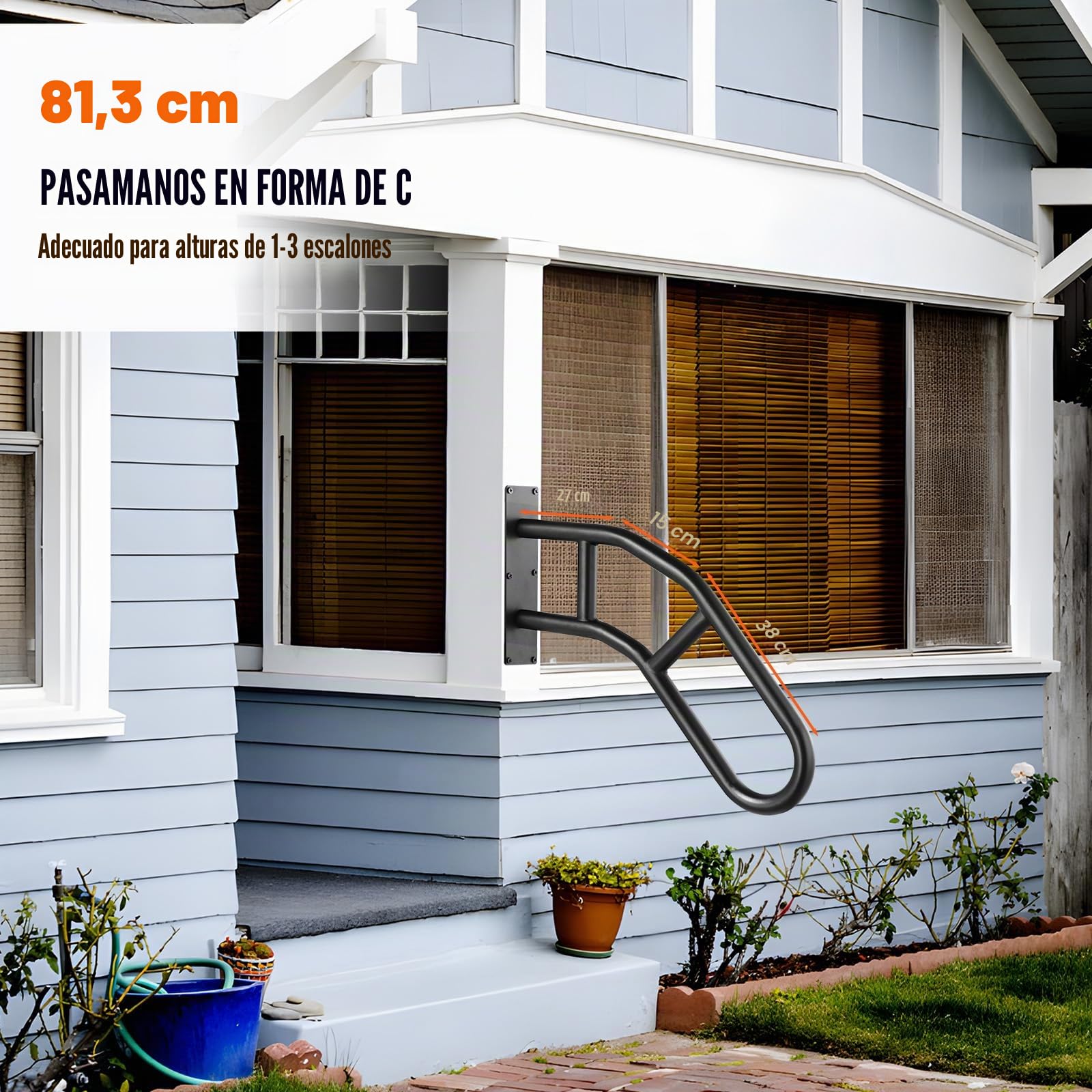 VEVOR Pasamanos de Escalera para Escalones Exteriores 813 mm Barandilla de Seguridad Montado en Pared para 1-3 Escalones Acabado Negro Mate para Personas Mayores, Embarazadas, Discapacitadas