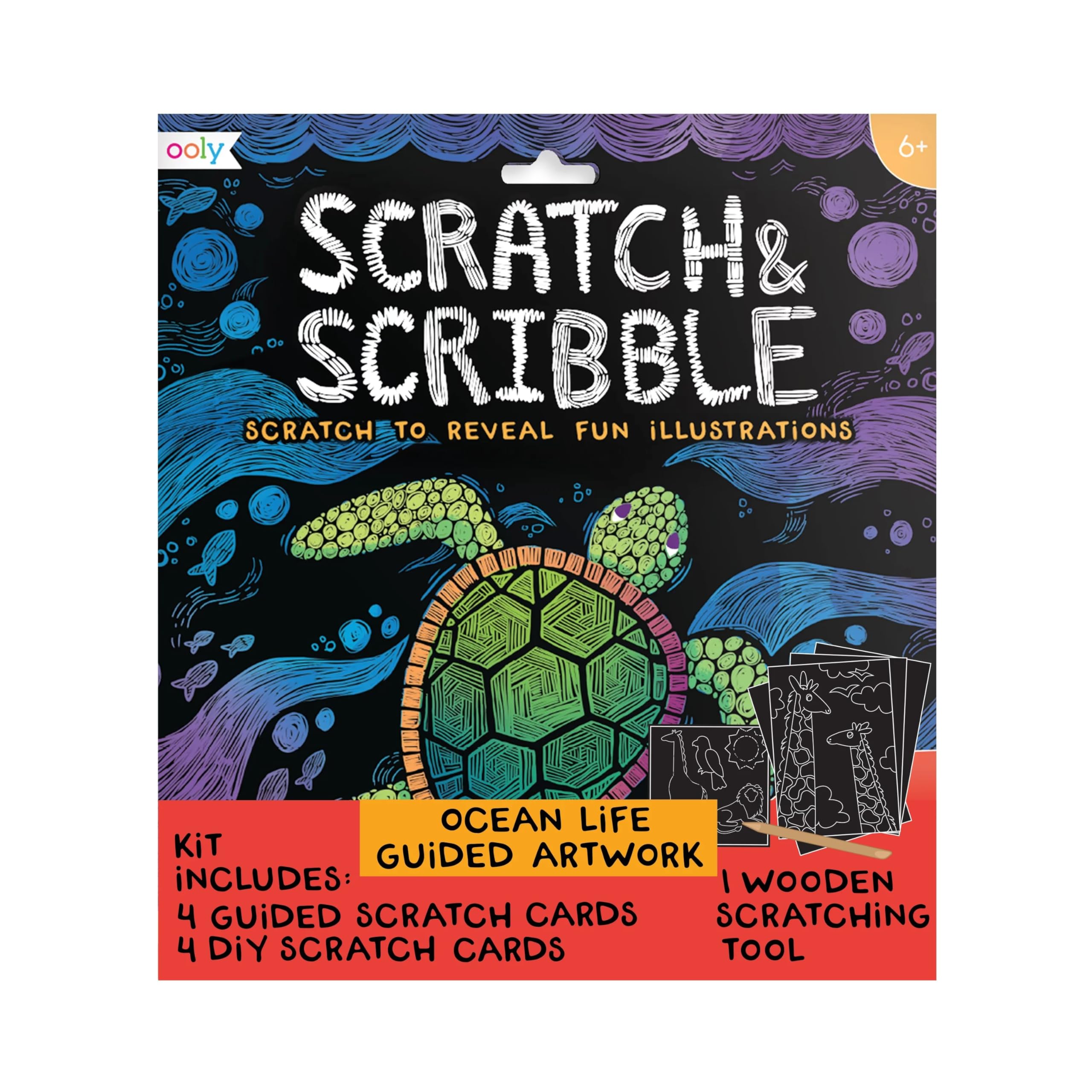 Ooly Scratch &amp; Scribble Art Kit, 8 Cards, Sticker Sheet – Ocean Life