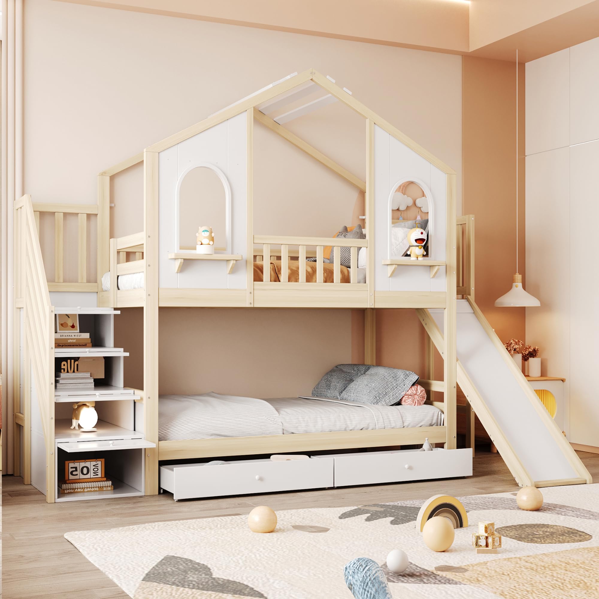 Dolamaní Kinderbett Hausbett 90x200 cm, Hochbett mit Treppe und Rutsche, Etagenbett 2 Betten mit Lattenrost & Stauraum, 2 Schubladen, Kiefer Holz, Bettgestell Holzbett, ohne Matratze (Natur + Weiß)