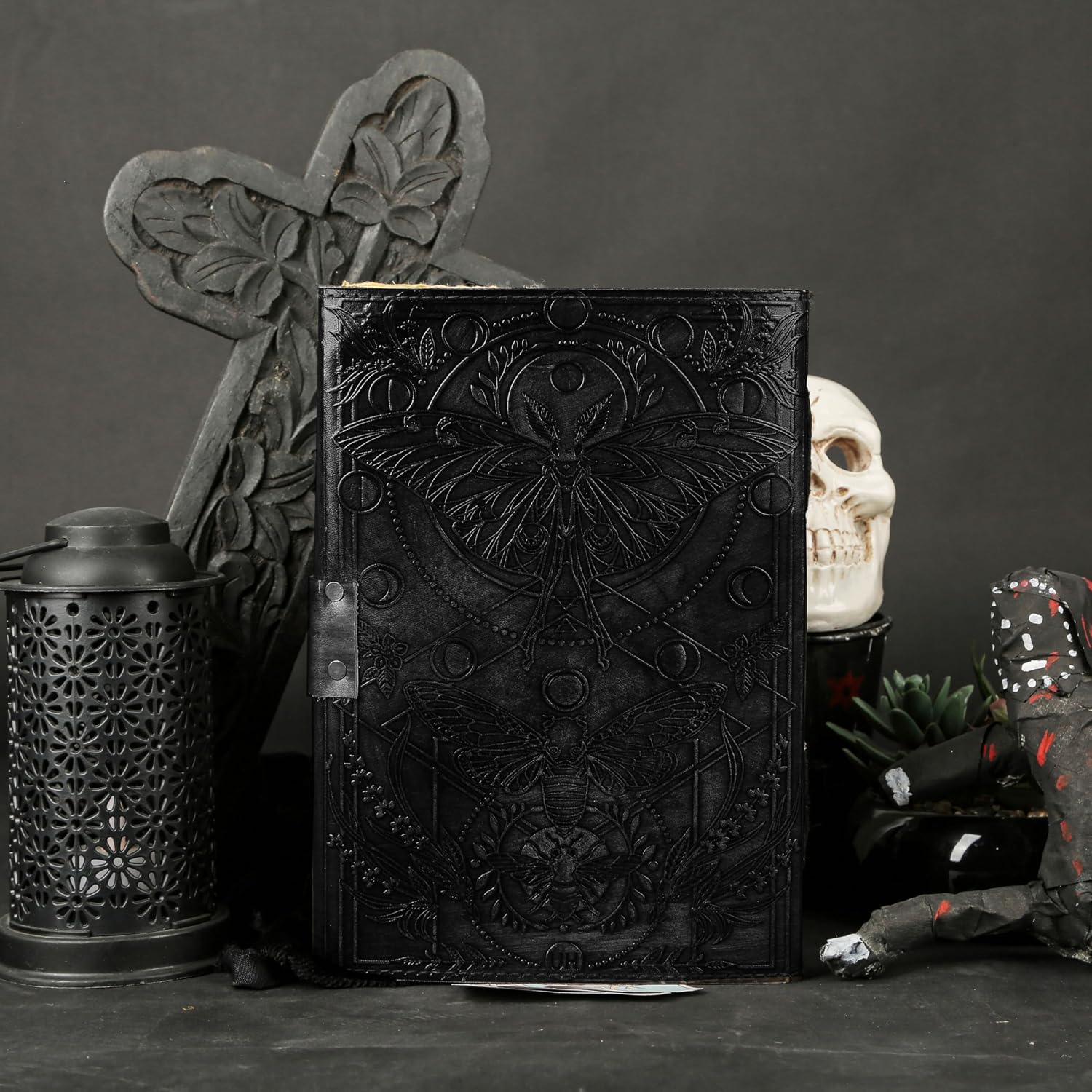 Blank Spell Book of Shadows Journal with Lock Clasp Vintage Handmade Leather Luna Moths and Morpho Butterfly Embossed Diary Prayer Pagan Witchcraft Supplies Wiccan Decor Notebook Daily (10X7 inch)