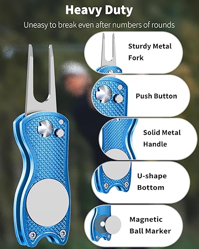 Miniatura 7 de Vibit Paquete de 2 herramientas de reparación de divot de golf para golfistas, herramienta verde plegable de metal con alineación magnética de putt,