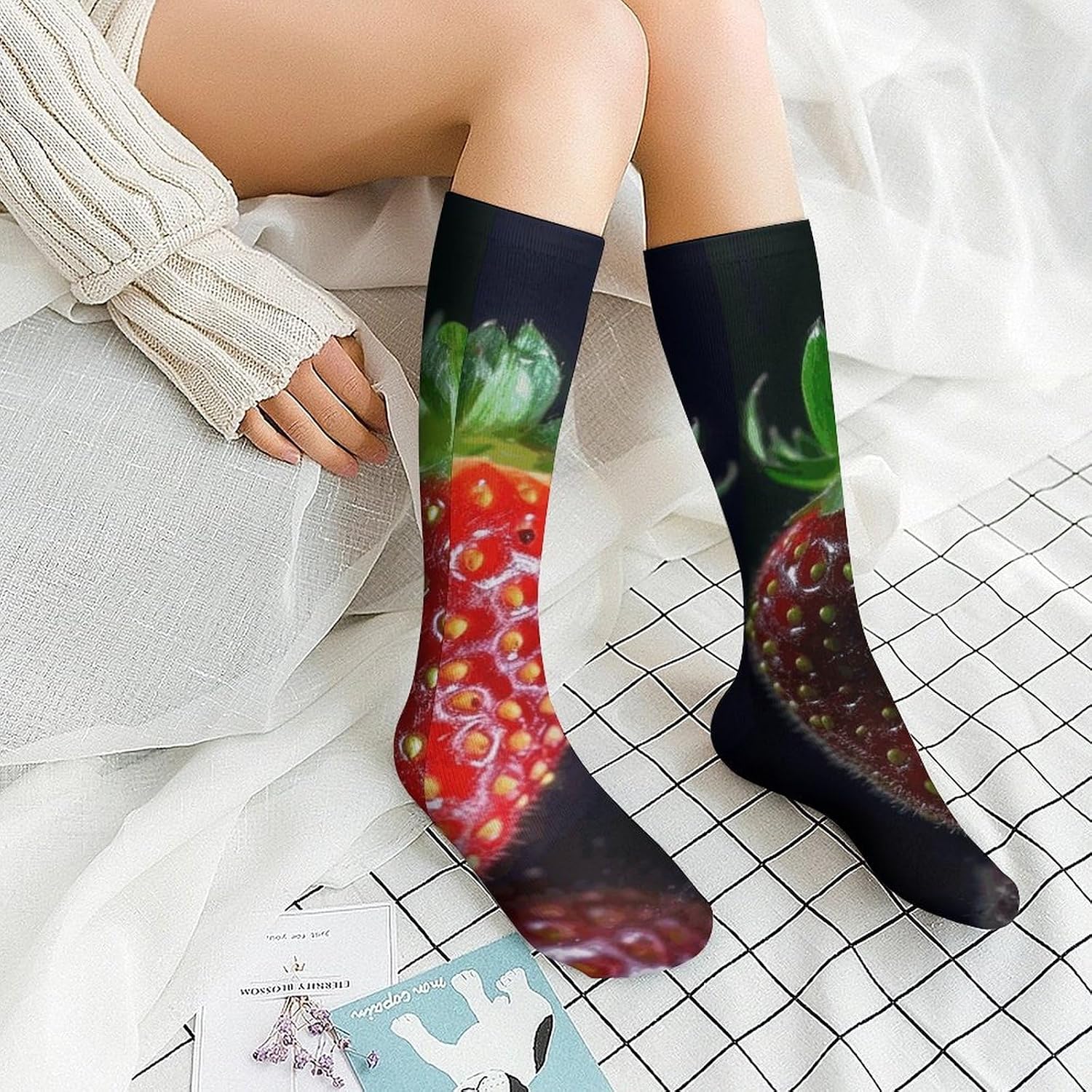 Two Strawberries Socks Warm Thick Cozy Crew Hiking Boot Socks Casual Knee High Sock for Women Mom