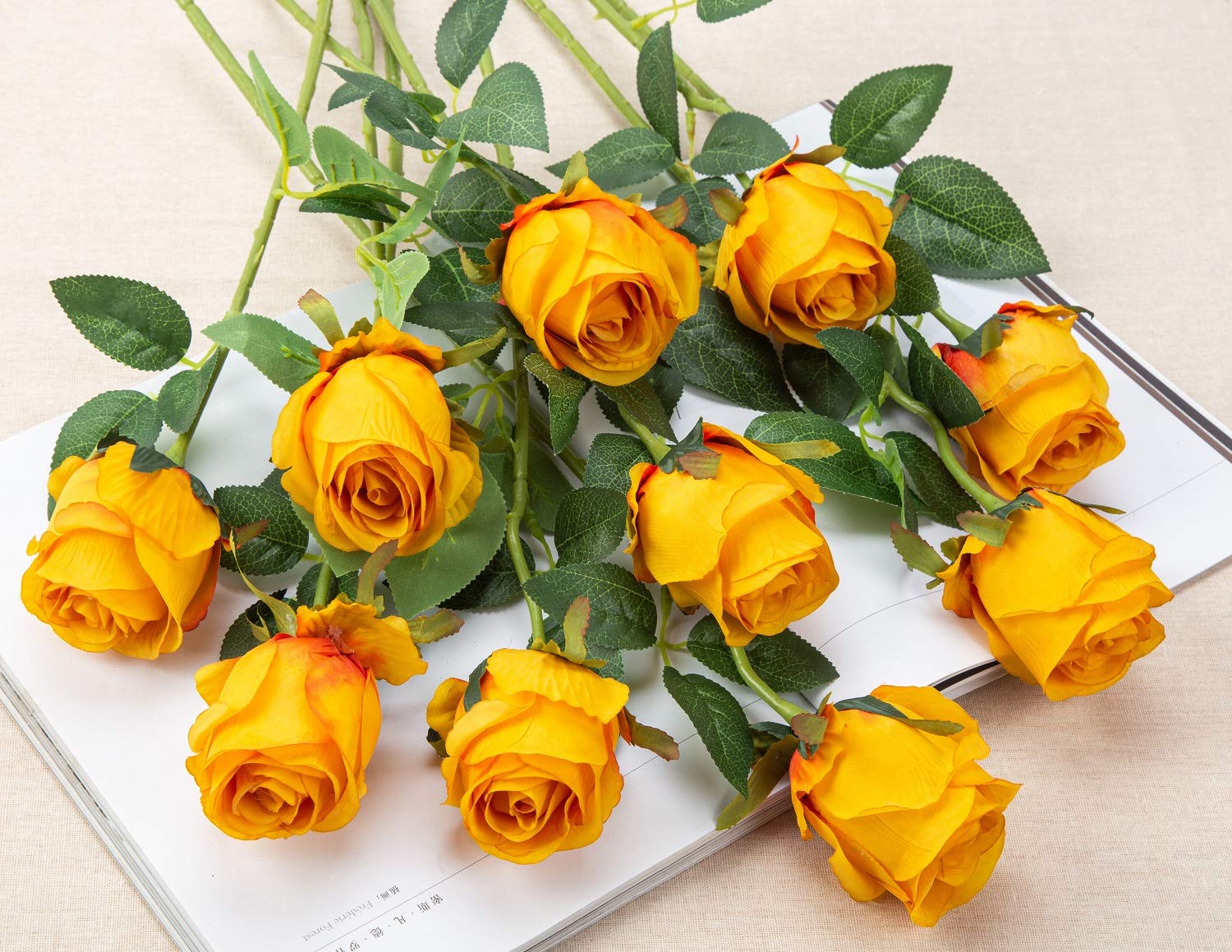 Flojery 10 Rose Artificiali A Stelo Lungo In Seta, 50 Cm, Per Bouquet Fai Da Te E Centrotavola, Champagne - 2