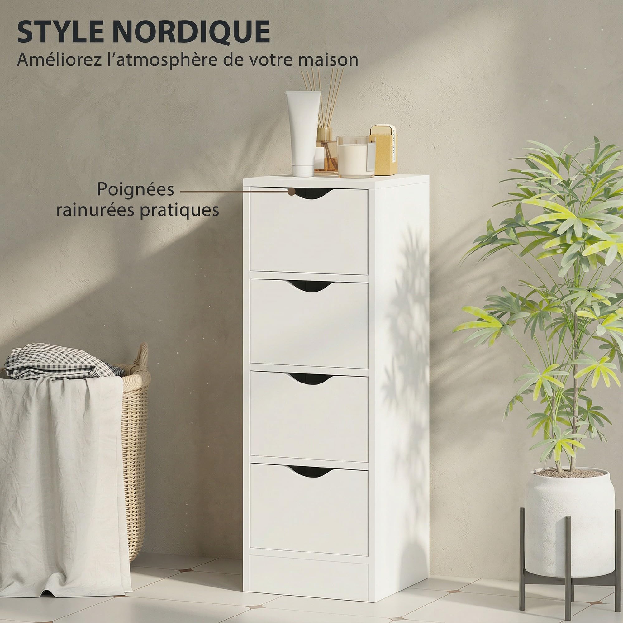 HOMCOM Meuble de Salle de Bain Meuble de Rangement 29 x 29 x 83 cm Blanc | 4 Tiroirs, Poignées Encastrées, Armoire Salle de Bain, Chambre, Salon, Idéal pour Petits Espaces