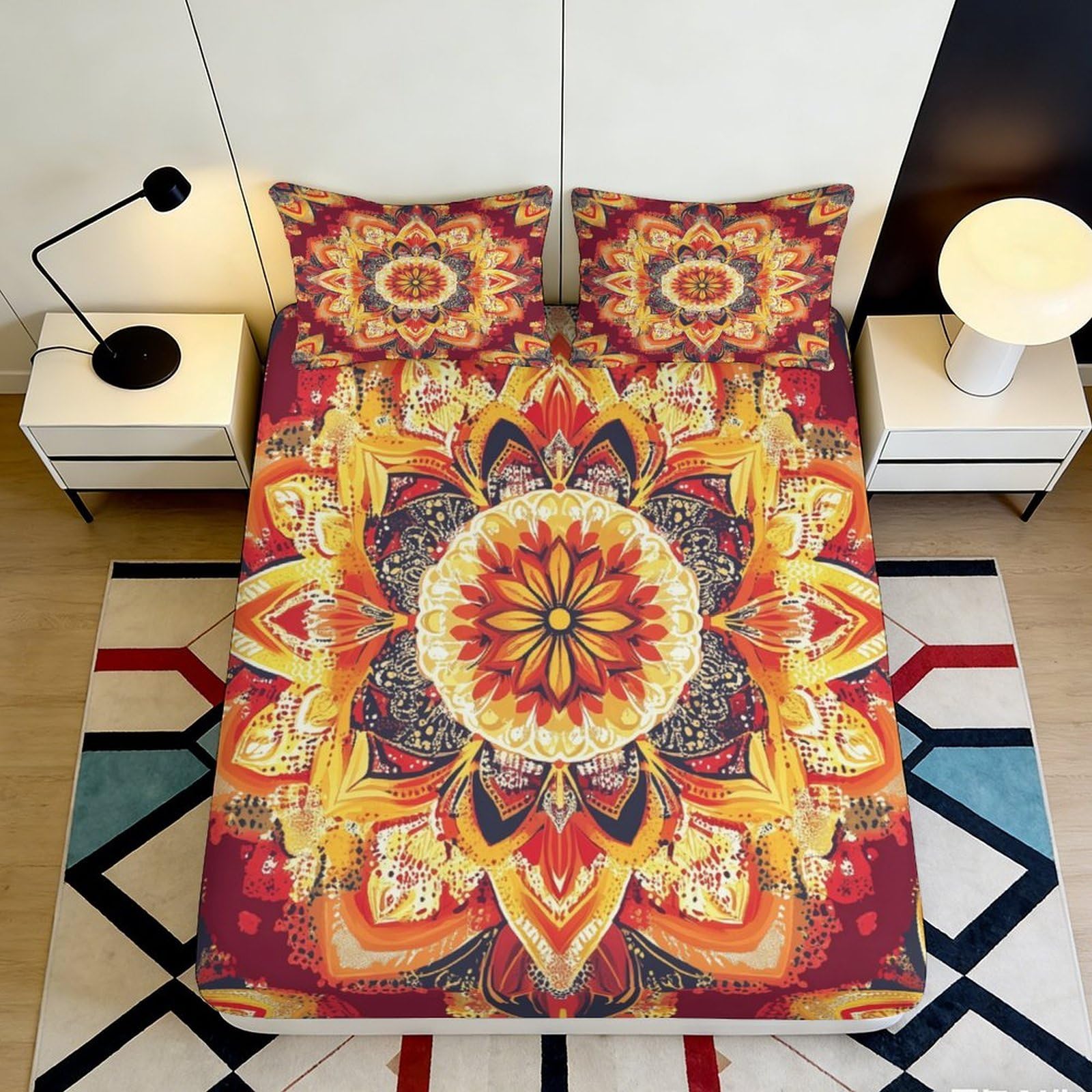 3D Printed Mandala Sunburst Fitted Sheet Microfiber Soft Breathable Boho Floral Mattress Cover for Bedroom Dorm Mattress Protection Decor 90x200x25cm