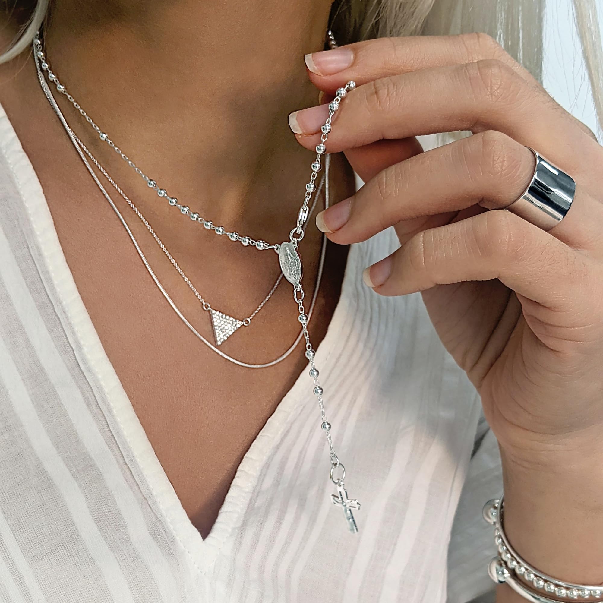Silverly Rosario in Argento 925 Gioielli Cattolici 50cm | Collane di Perline con Crocifisso della Vergine Maria | Collana con Croce in Argento Sterling da Uomo | Regali Cristiani per le Donne