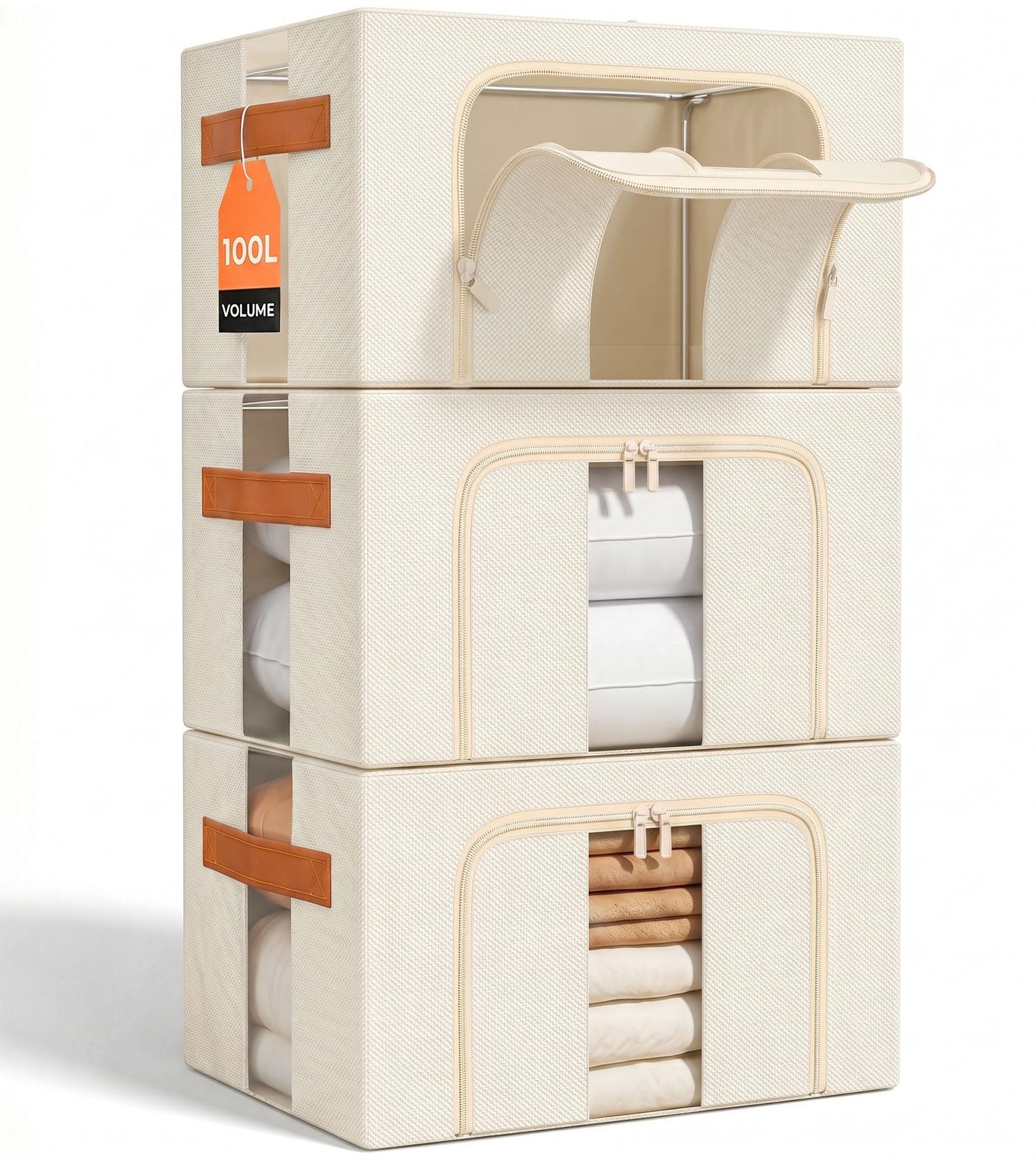 Borsa portaoggetti pieghevole in metallo: contenitore impilabile con coperchio per il guardaroba, organizer per biancheria da letto (beige 3 x 100 L)