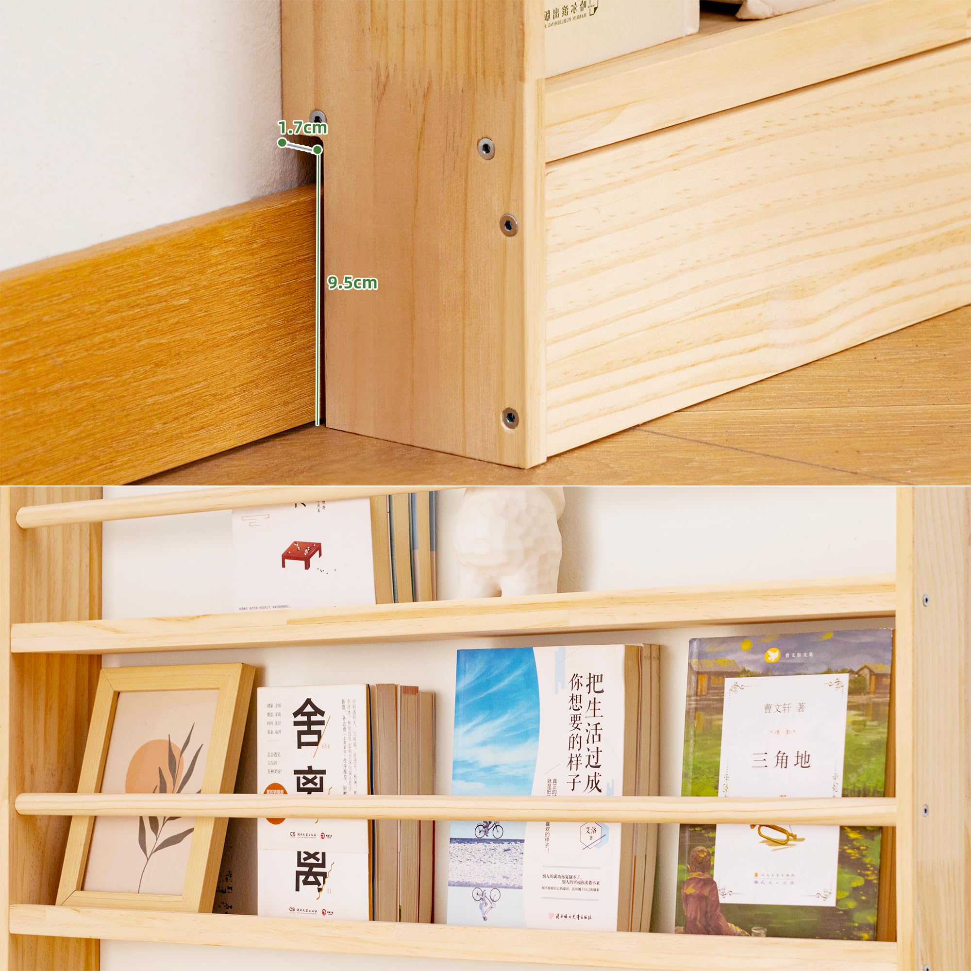 Libreria in Legno Massello con 5 Ripiani, Salvaspazio | Scaffale Porta Libri Verticale Slim con Barra Anticaduta| Profondità 10 cm per Cameretta e Soggiorno