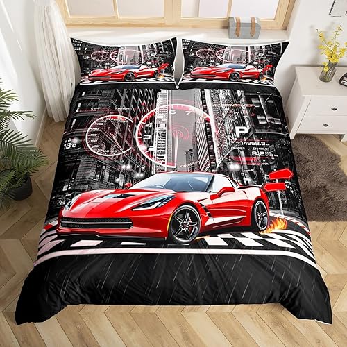 Vista 149 de Feelyou Juego de ropa de cama de coche de carreras y avión en blanco y negro – Funda de edredón y funda de edredón para niños y adolescentes