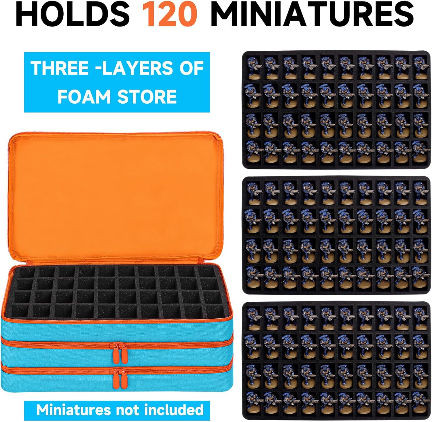 Miniature Figure Storage Carrying Bag, 120 Slot Figurine Miniature Carrying Case Compatible with 40K and D&D Miniature, Miniature Storage Case with 3 Foam Trays (Blue)