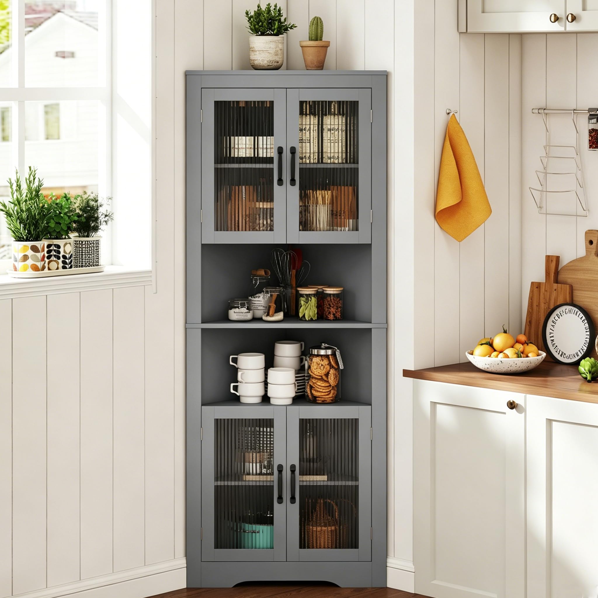 COSTWAY 6-tier Corner Cabinet, 171cm Tall Triangular Storage Cabinet with 4 Tempered Glass Doors, Adjustable Shelves & Anti-tipping device, Space Saving Wooden Sideboard Shelving Unit (Grey)