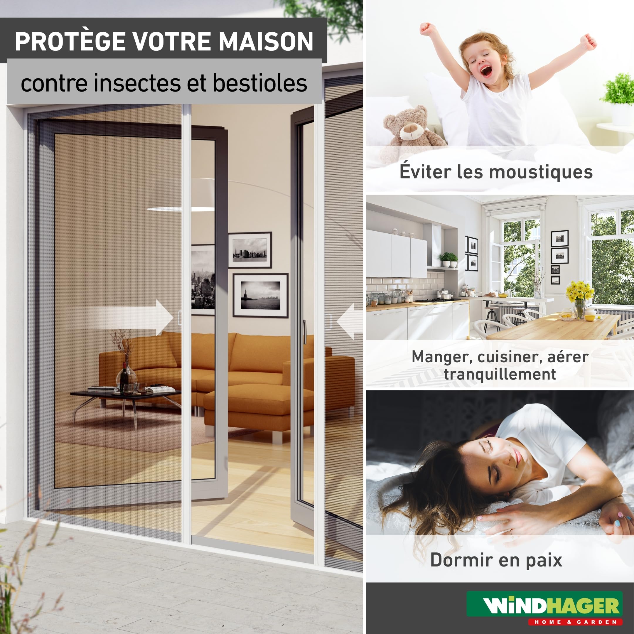 Windhager Moustiquaire porte plissée 240 x 240 cm, rideau anti-insectes moustiques, installation facile sans perçage, passage libre pour porte balcon ou terrasse, blanc, 03959