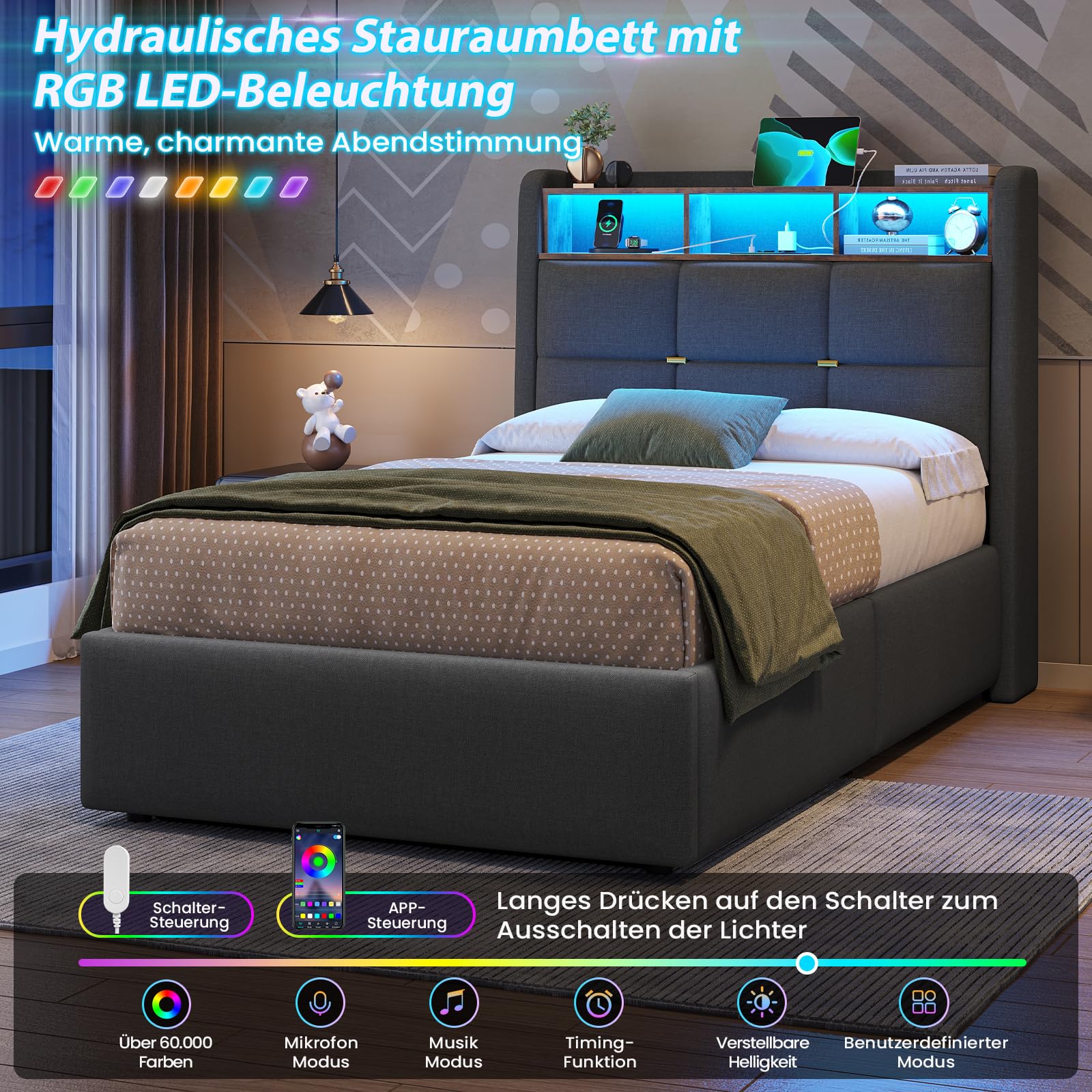 DICTAC - Cama matrimonial acolchada 90x200 con iluminación LED y barra de enchufes, cama individual para jóvenes 90x200 con somier de láminas, estructura de cama para adultos con espacio de