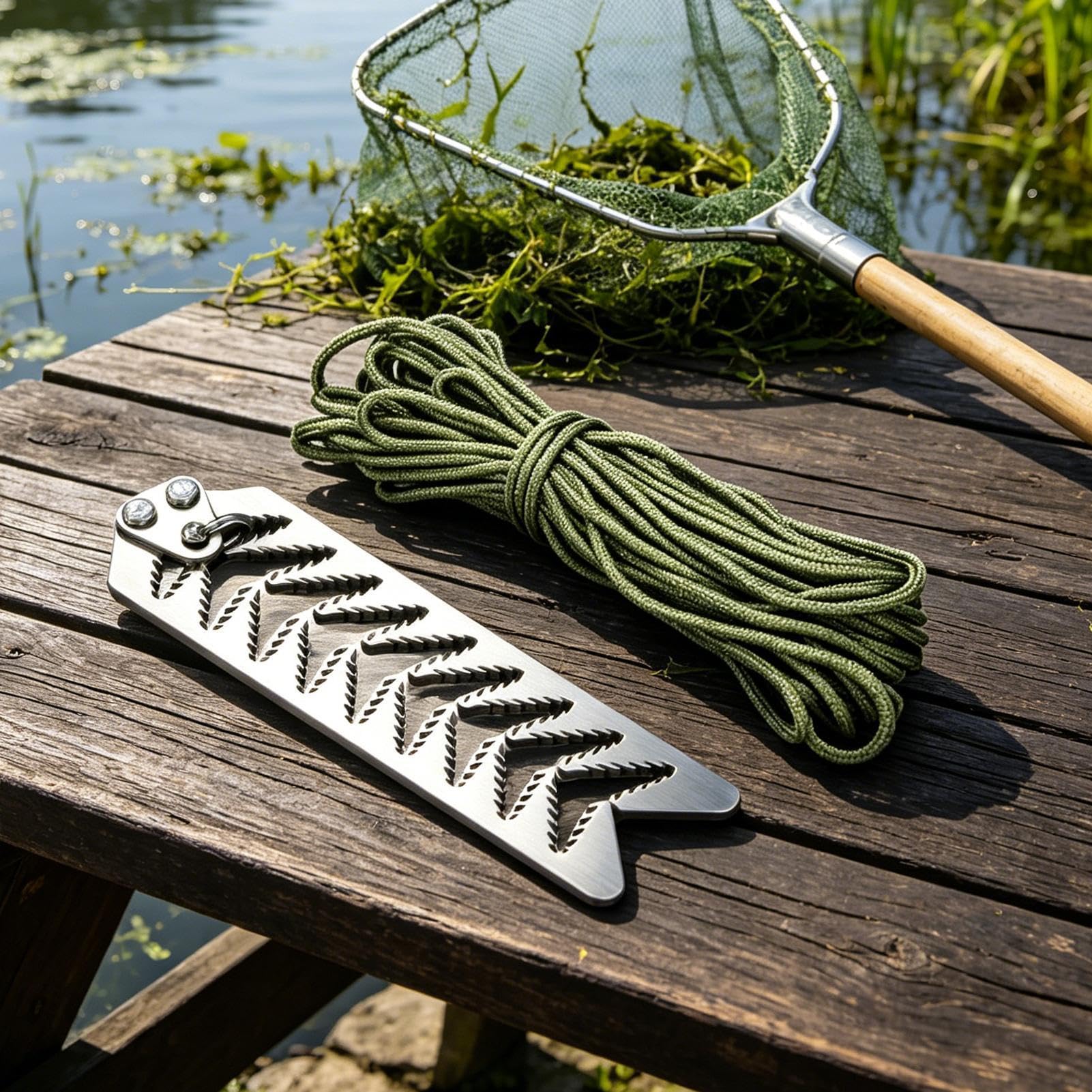 Seegrasentferner Faltbar mit 20m Seil: Wasserpflanzenschneider für Teich & See – Robuste Wurfsense gegen Schilf & Algen, ideales Angler-Zubehör zur Uferreinigung