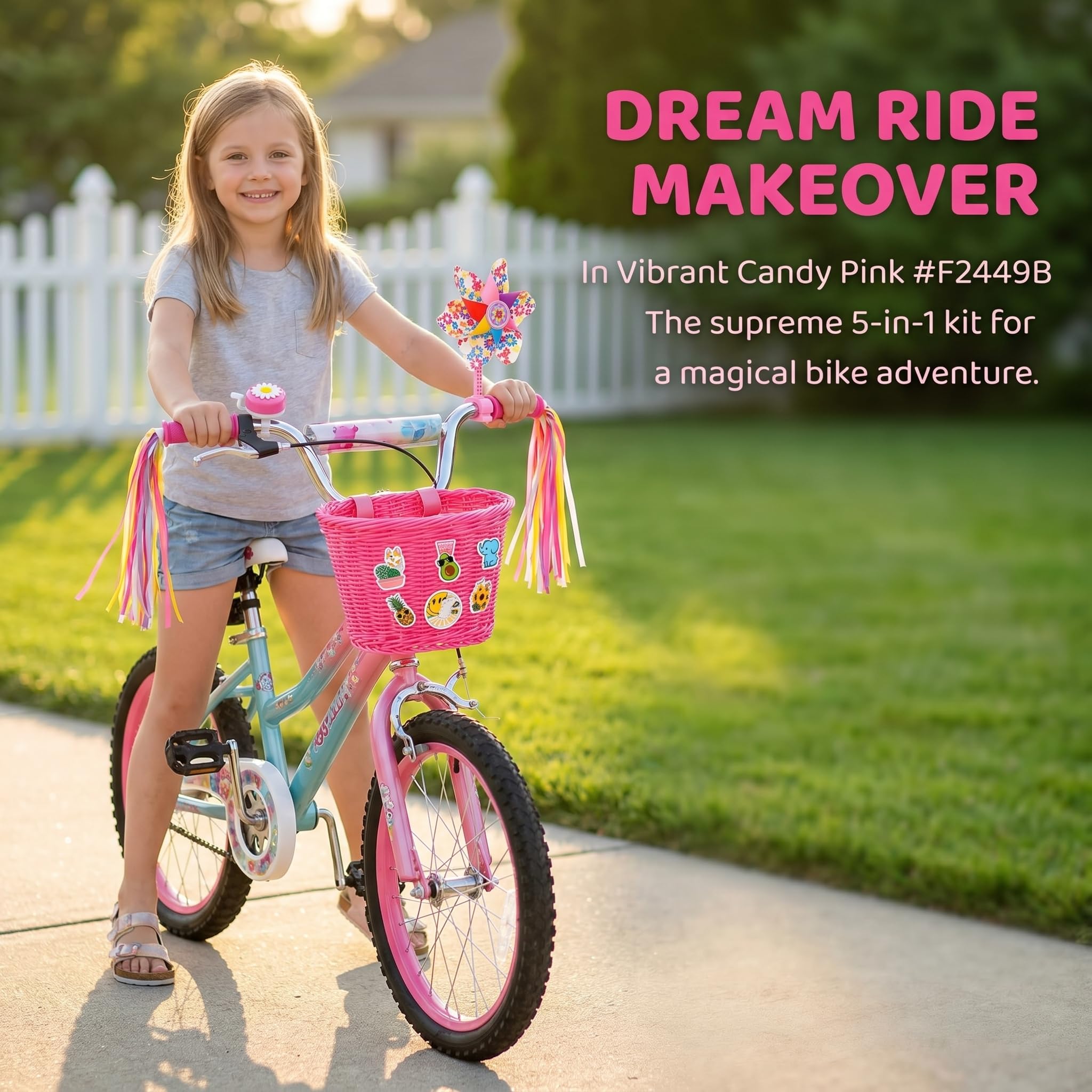Panier de vélo pour Enfant - Accessoire Avant de vélo pour Filles et garçons - Panier de vélo en Tissu avec Autocollants, Sonnette, Moulin à Vent et 1 Paire de Rubans colorés avec Pompons