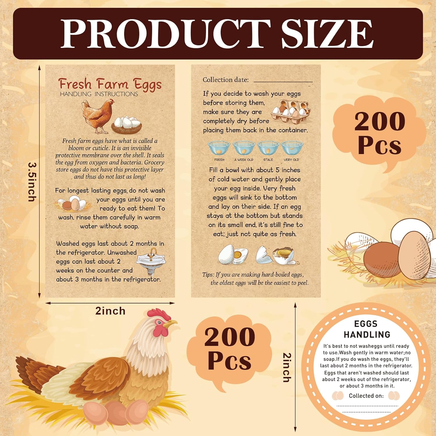 Sintuff 5 Pcs Farm Fresh Eggs for Sale Sign 12 x 16 Inch with Stakes 200 Pcs 2 x 3.5 Inch Eggs Handling Instructions 200 Carton Labels 2 Inch Handling Stickers