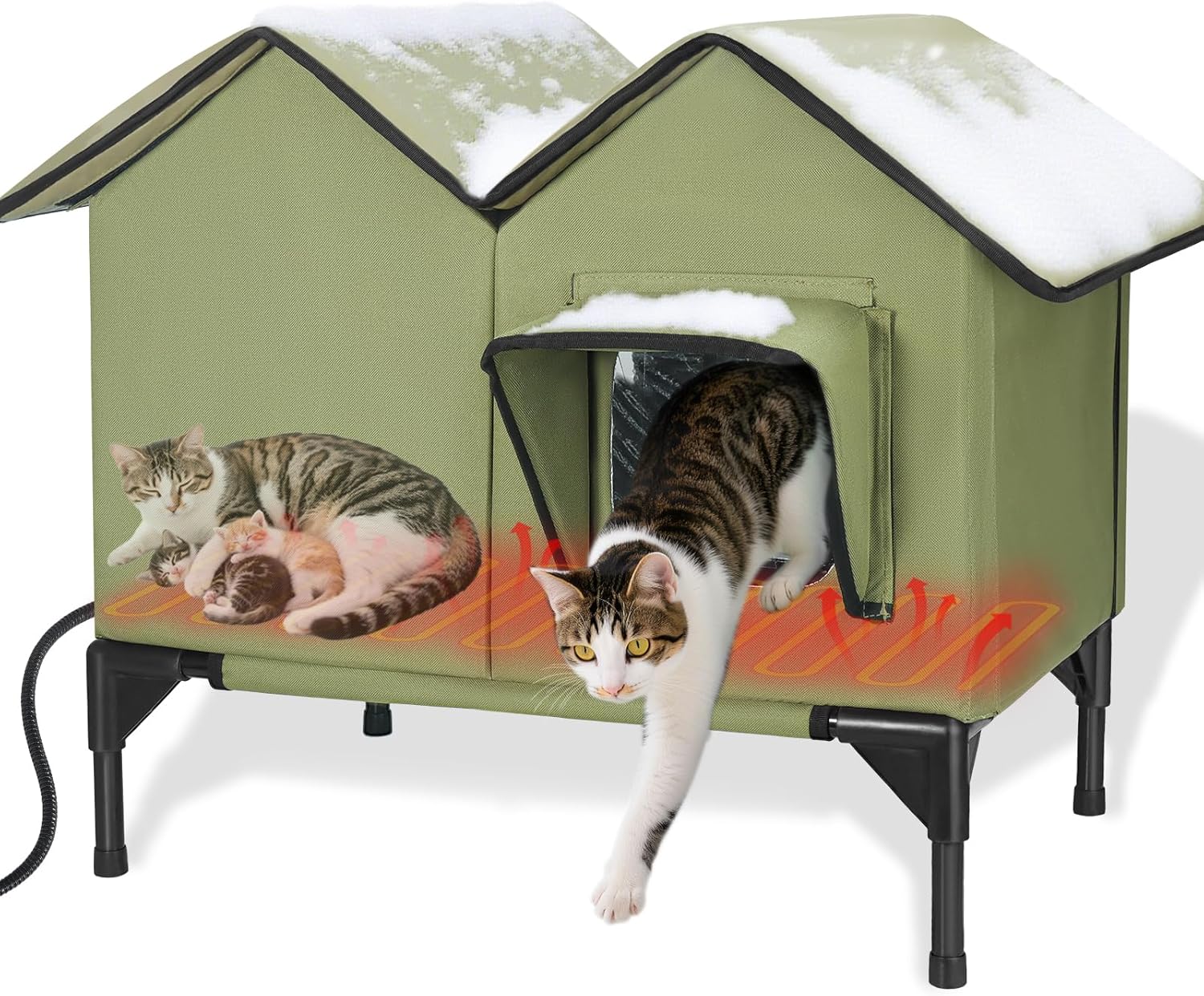 Heated Cat House for Outside Winter, Large Heated Outdoor Cat House Weatherproof, Elevated Bed, Escape Door, Insulated Outdoor Cat Shelter with Heater for Multiple Cats Feral Stray Kitty, Easy Setup