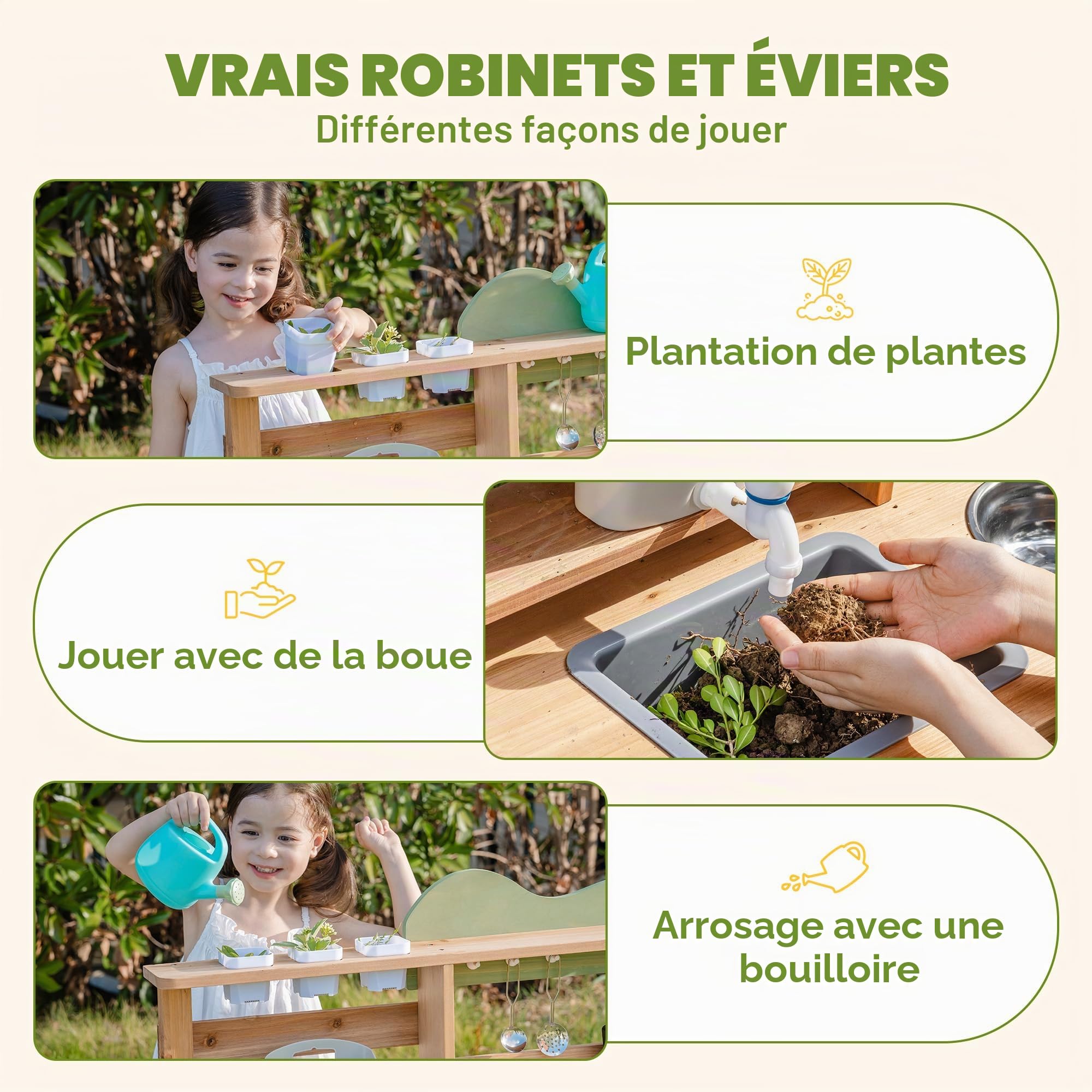 ROBUD Cuisine de boue pour enfants, cuisine de jeu en bois d'extérieur avec véritable robinet, évier amovible, bouilloire, tasse de plantation, four, tableau noir, jouet de cuisine de jardin pour