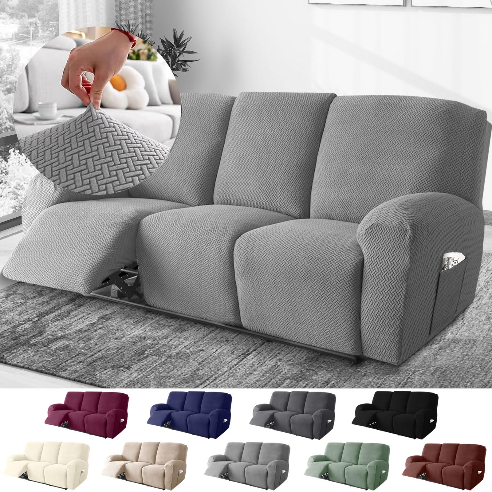 BOYIFEIJIE 3-Seater Recliner Sofa Covers, All-Inclusive Striped Jacquard Sofa Slipcover with Pocket, Non-Slip Stretch Recliner Protector for Living Room Recliner Sofa (Light Gray, 8-Pieces)