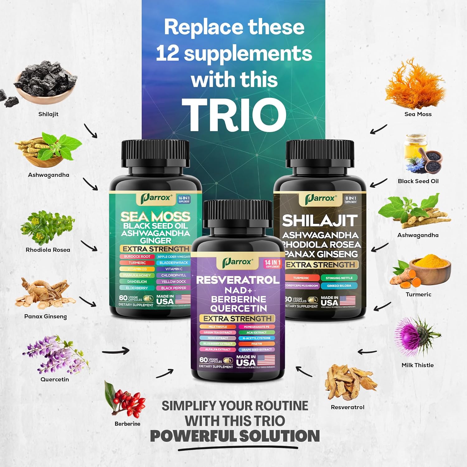 Advanced Wellness Trio - Sea Moss, Black Seed Oil, Ashwagandha, Burdock Root, Resveratrol, NAD+, Quercetin, Berberine, Grape Seed Extract, Panax Ginseng, Ginkgo Biloba, Rhodiola Rosea, Turmeric