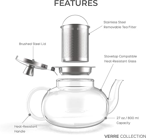 Miniatura 2 de Verre Collection Tetera de vidrio compatible con estufa, 27.1fl oz (27 onzas) con infusor extraíble de acero inoxidable, té de hojas sueltas, tetera