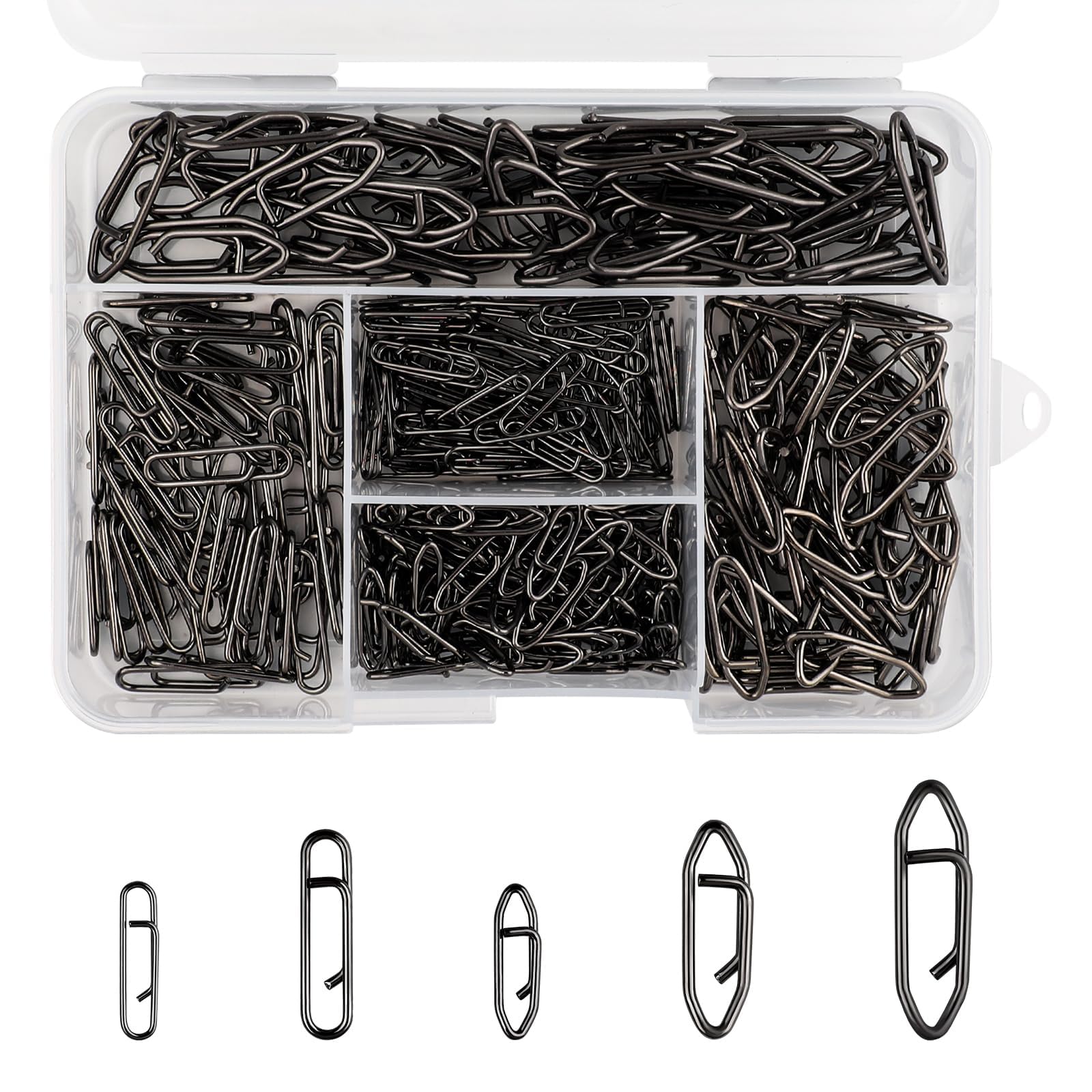 330 Pcs 5 Sizes Black Fishing Power Speed Clips, Stainless Steel Quick Change Fishing Clips, Lure Connectors,Sea Fishing Tackle Snaps for Saltwater & Freshwater Fishing Crankbait Popper Topwater Lures
