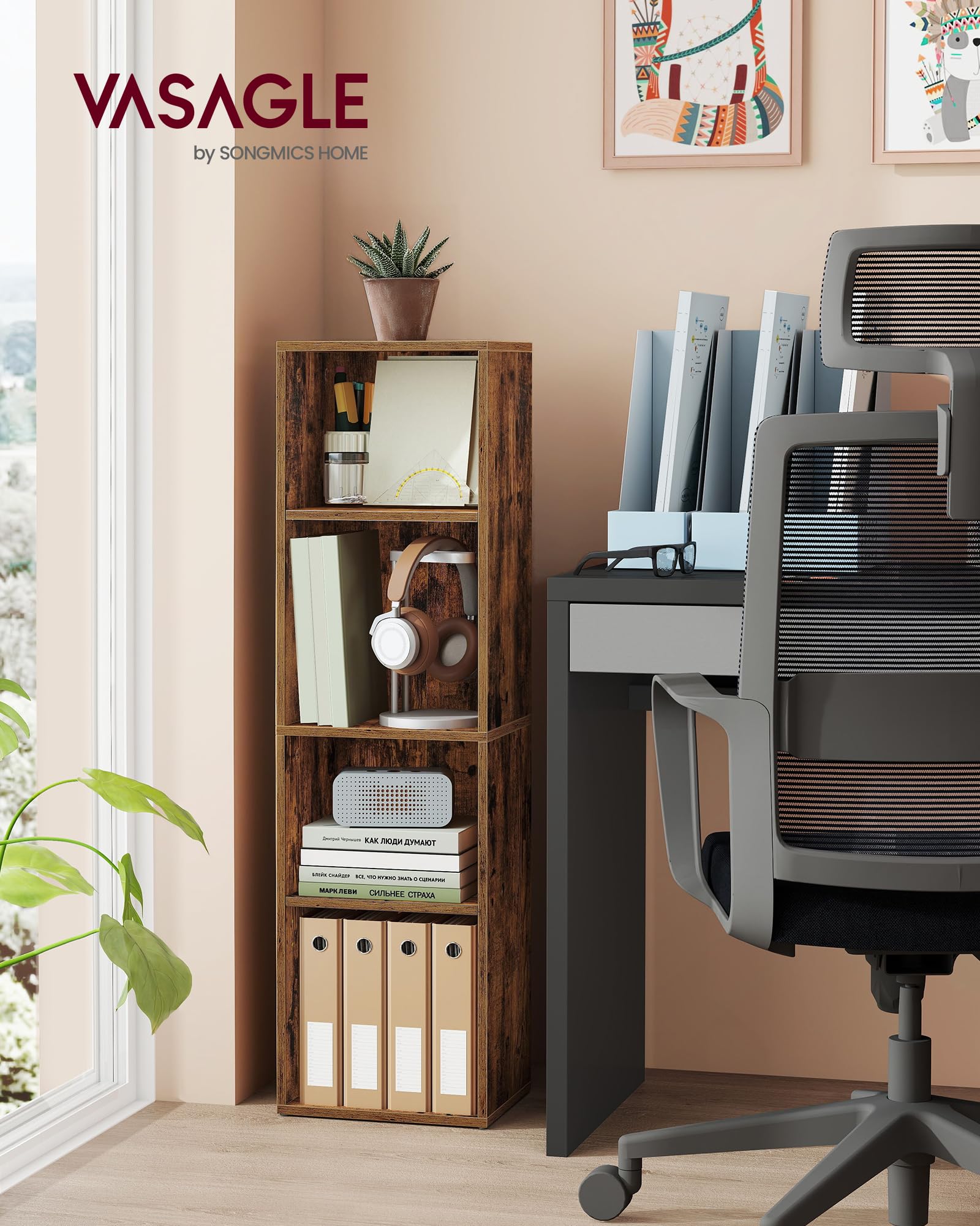 VASAGLE CUSTOS Collezione - Libreria, Scaffale Libreria a 4 Ripiani, Scaffale Portaoggetti con Ripiani Regolabili, Scomparti Aperti, 24 x 30 x 106 cm, per Soggiorno Studio, Marrone Vintage LBC434K01