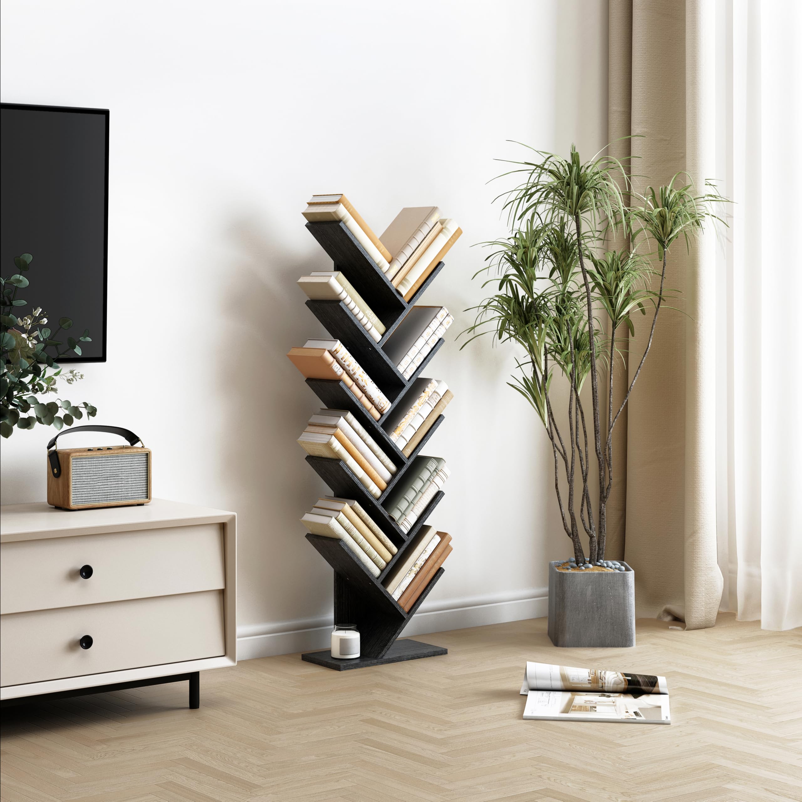 Hoctieon bibliotheque Arbre à 10 étages, 10 étagères, bibliotheque Livre indépendante,Etagere Livre d'exposition pour, étagères de Rangement pour Livres pour Bureau à Domicile, Salon,Noir