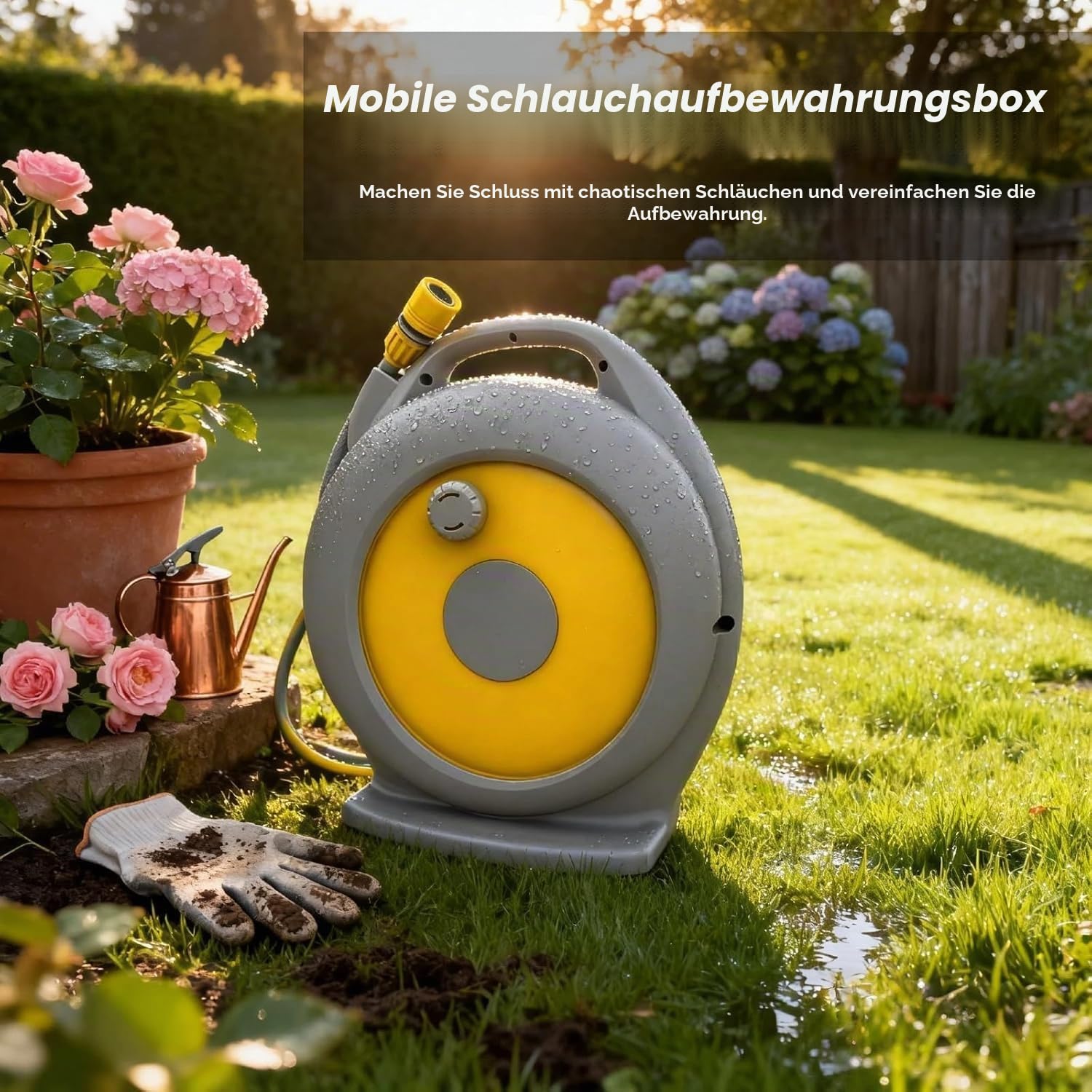 Garten Schlauchtrommel, Mobile Einziehbarer Gartenschlauch, Schlauchaufbewahrung mit 10-Funktionen-Multi-Handbrause, Schlauchaufroller für Ordentlich und tragbar, mit 15m Gartenschlauch