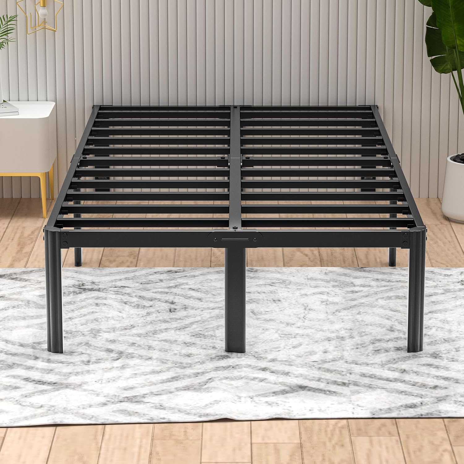 VHAHA 14 Inch Queen Size Bed Frame No Box Spring Needed, Round Corner Leg, Heavy Duty Metal Platform Bedframe with Storage, Steel Slat Support, Noise Free, Black, 14Q-B