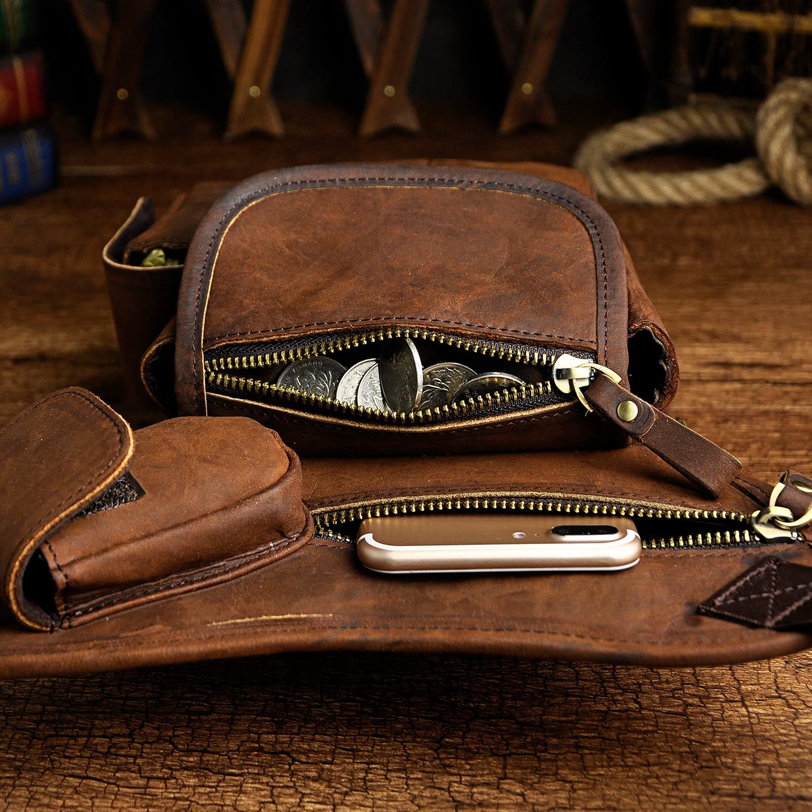 Marsupio Da Gamba, Marsupio Moto Borsa a tracolla casual da uomo in pelle alla moda a con design viaggio for gamba a goccia(Coffee)